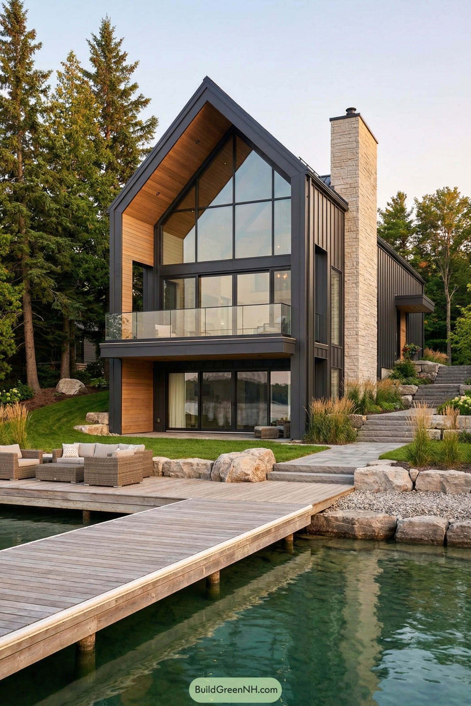 Modern black framed glass cottage on a wooded lakeshore with dock and stone landscaping