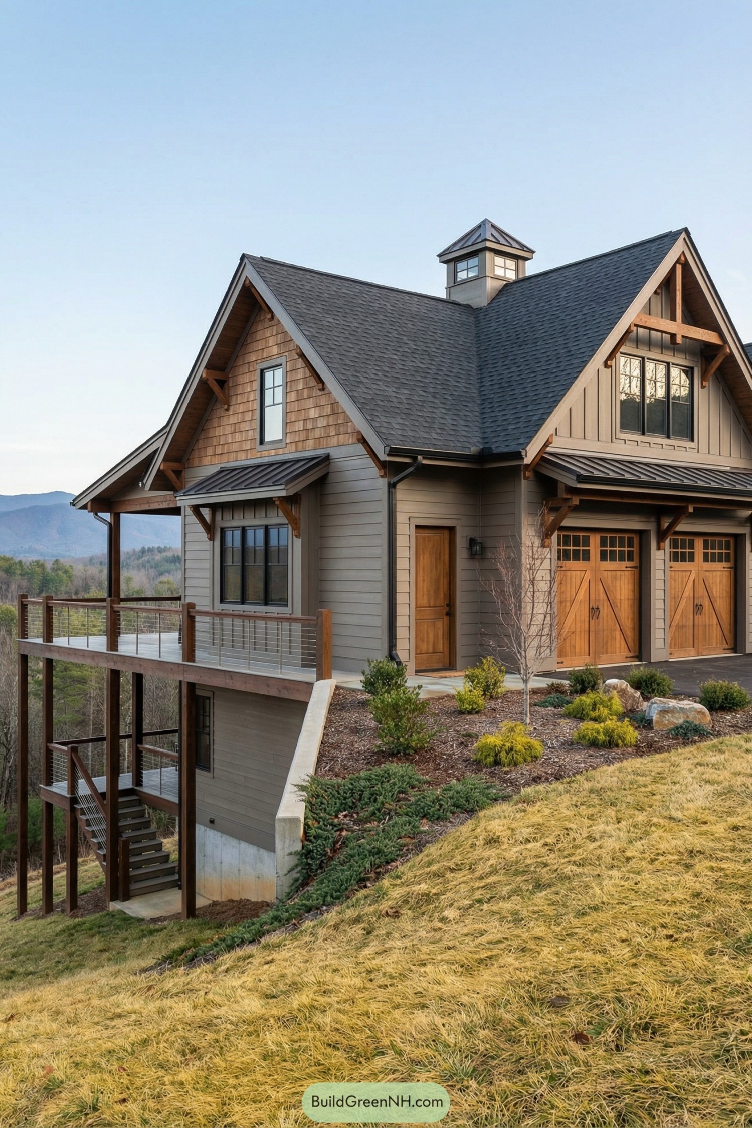 Modern cottage perched on sloped hillside with wood accents and large wraparound deck