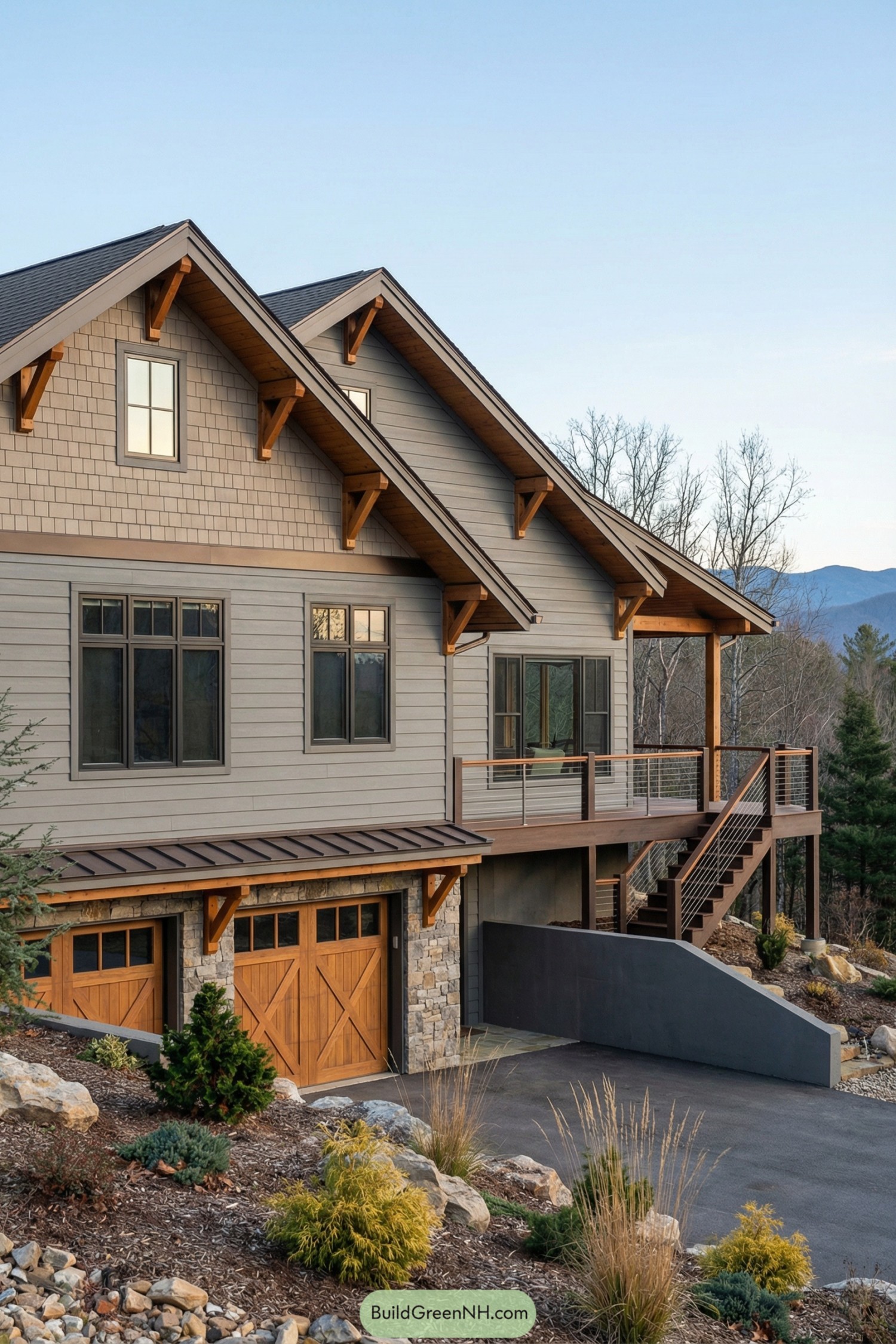 Modern gray cottage with steep gables wood accents stone base and a wraparound deck overlooking a mountain landscape
