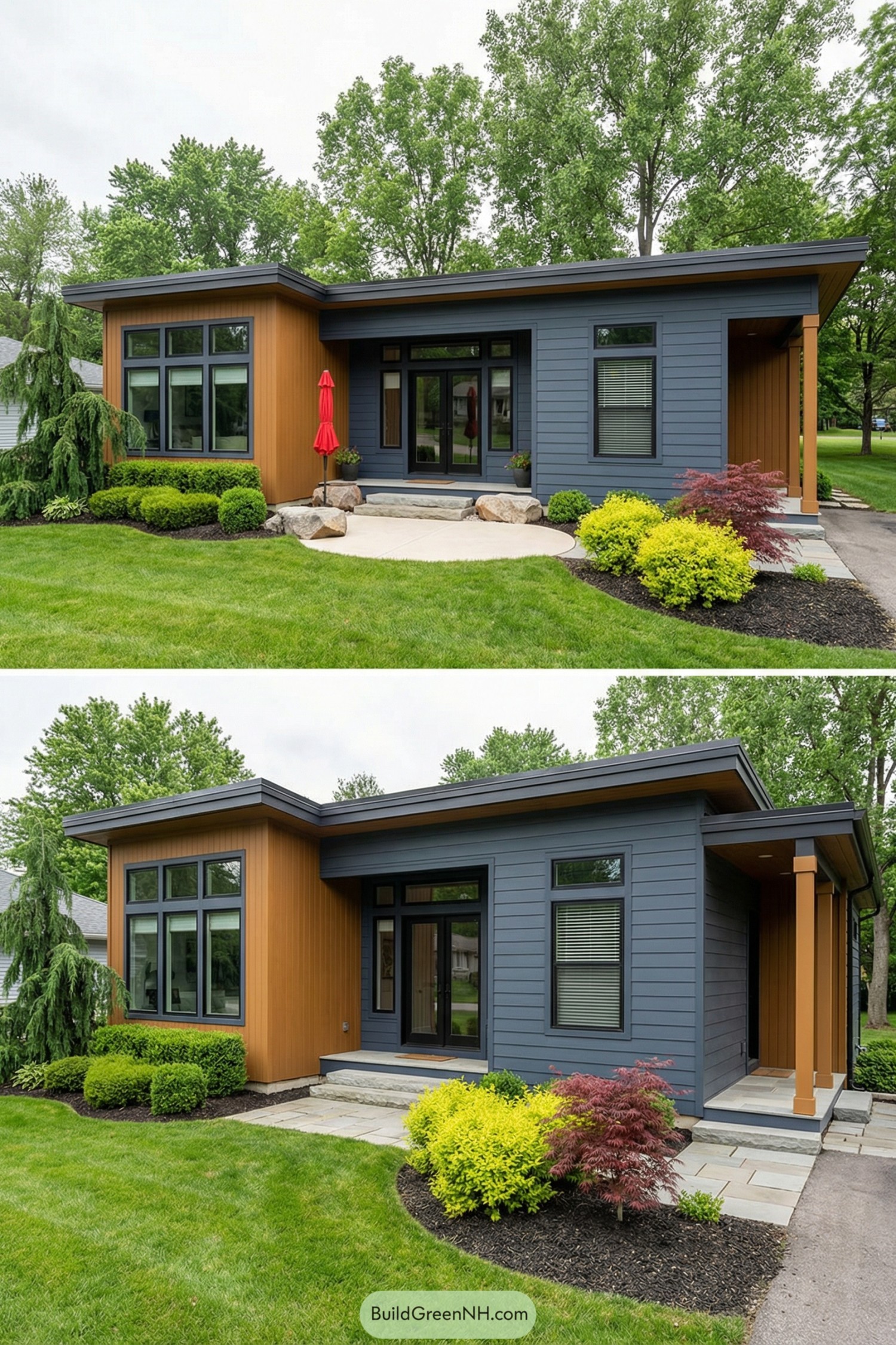 Single story modern cottage with flat roof, blue and wood siding, and vibrant landscaping
