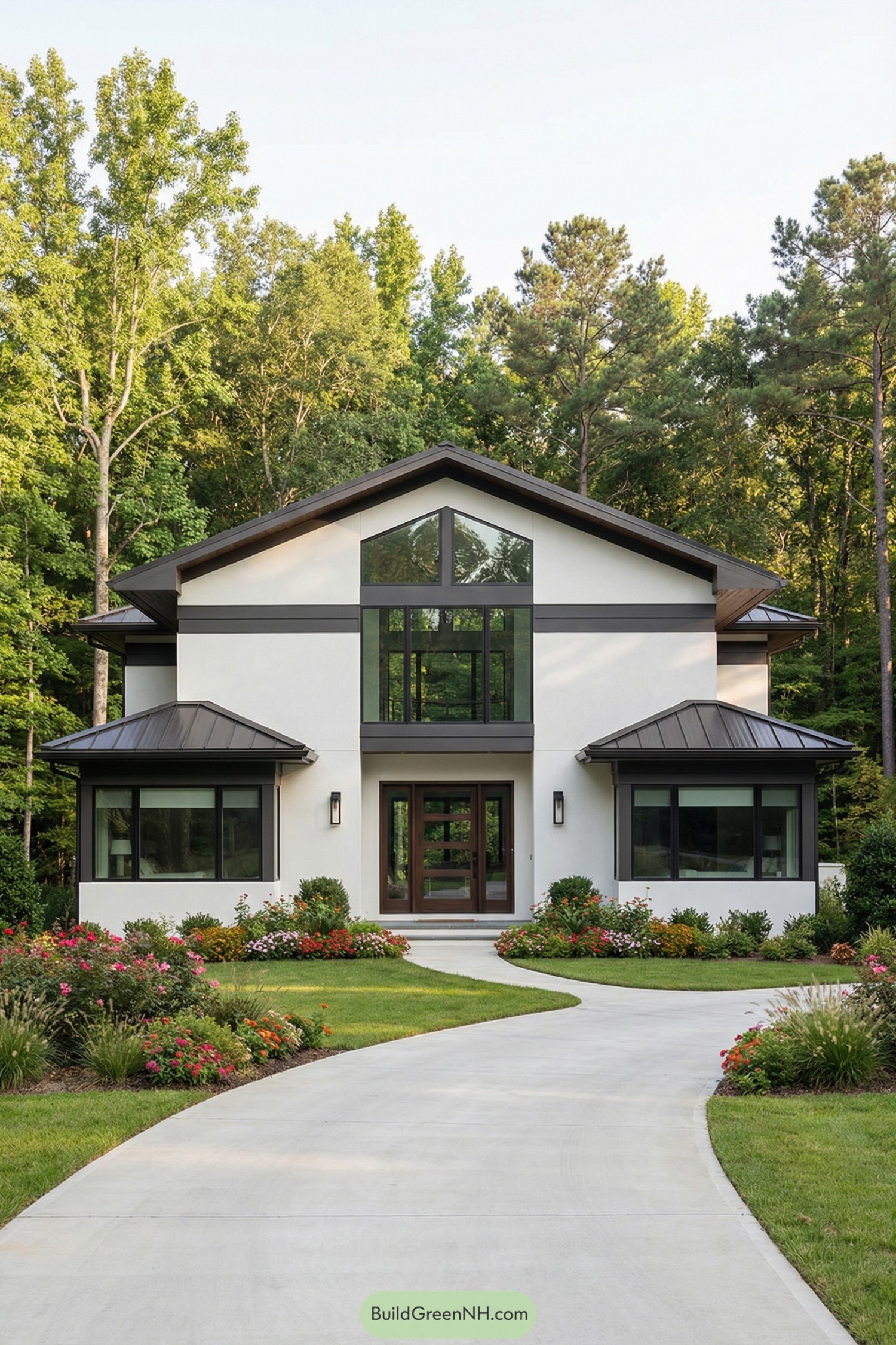 Contemporary white cottage with dark trim and large windows set in lush trees and flower gardens