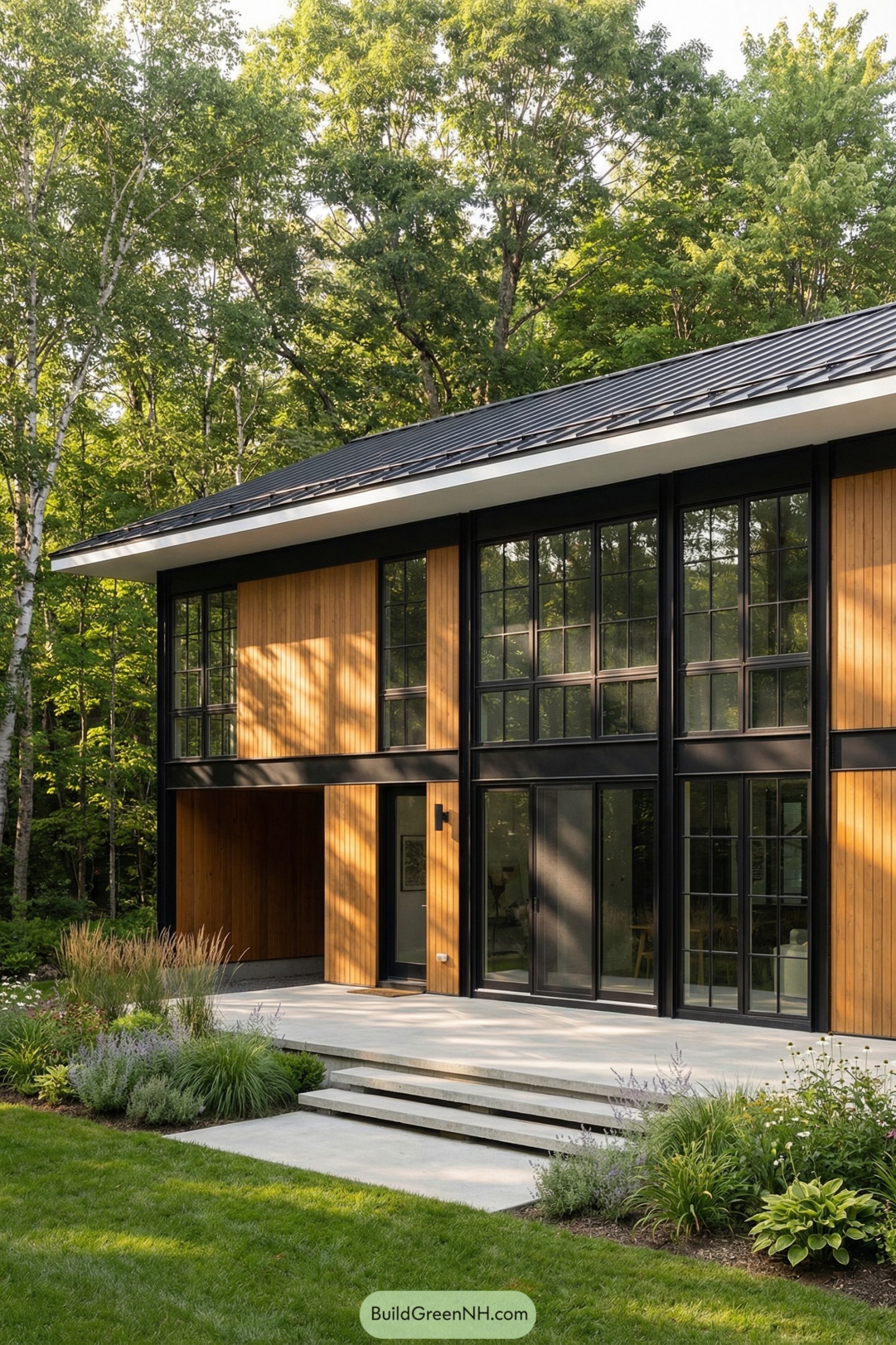 Modern cottage with tall black framed windows and warm wood siding facing a lush forest