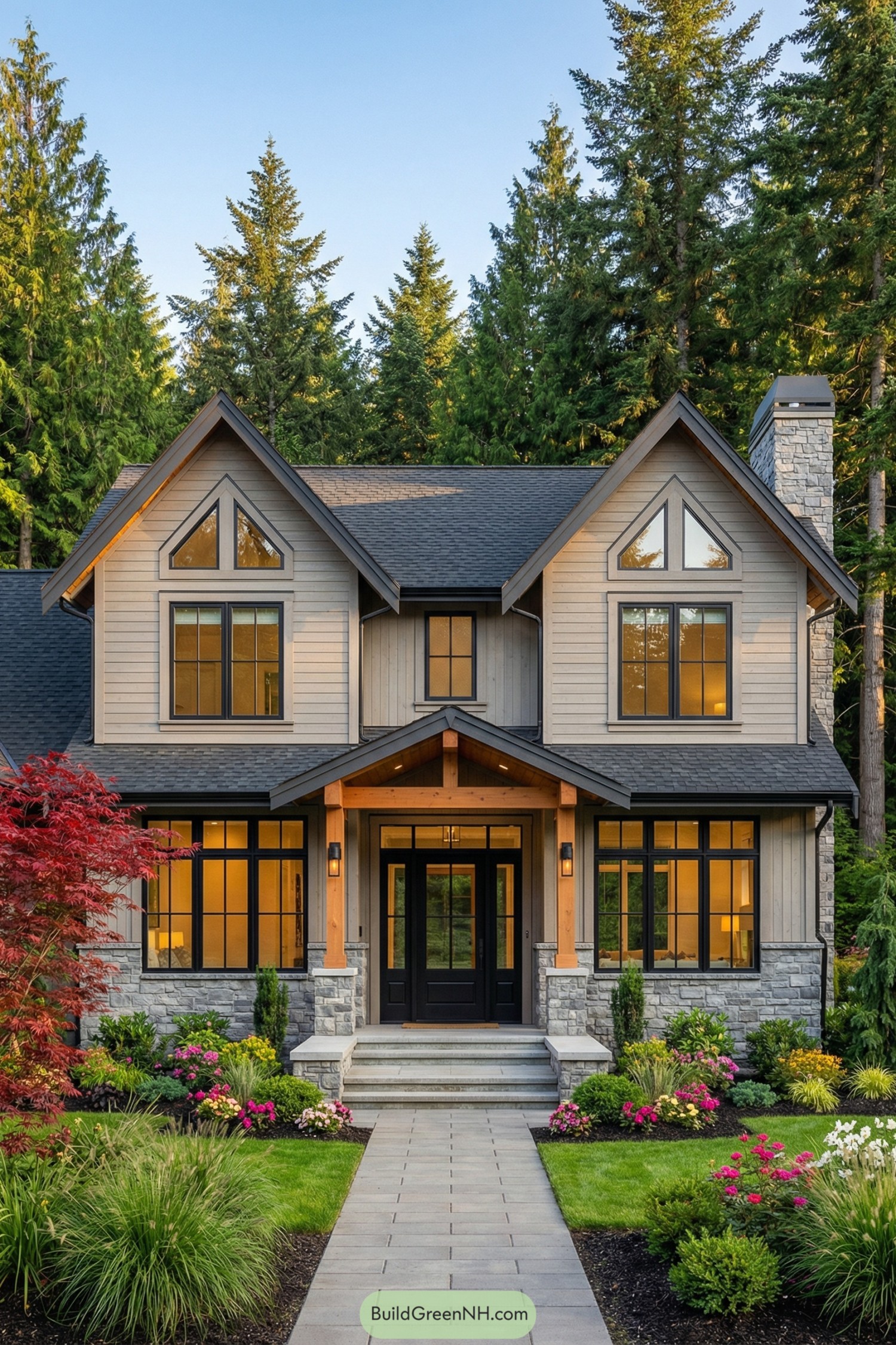 Modern cottage with warm wood accents and lush landscaped front yard