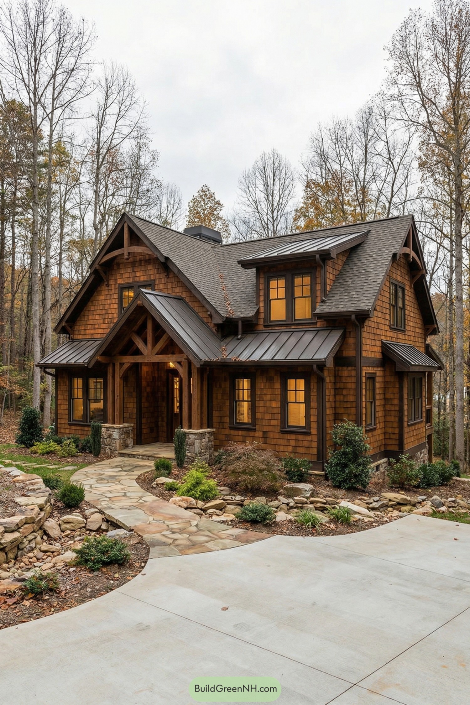 Warm wood shingle cottage with timber gables and stone path in a wooded setting