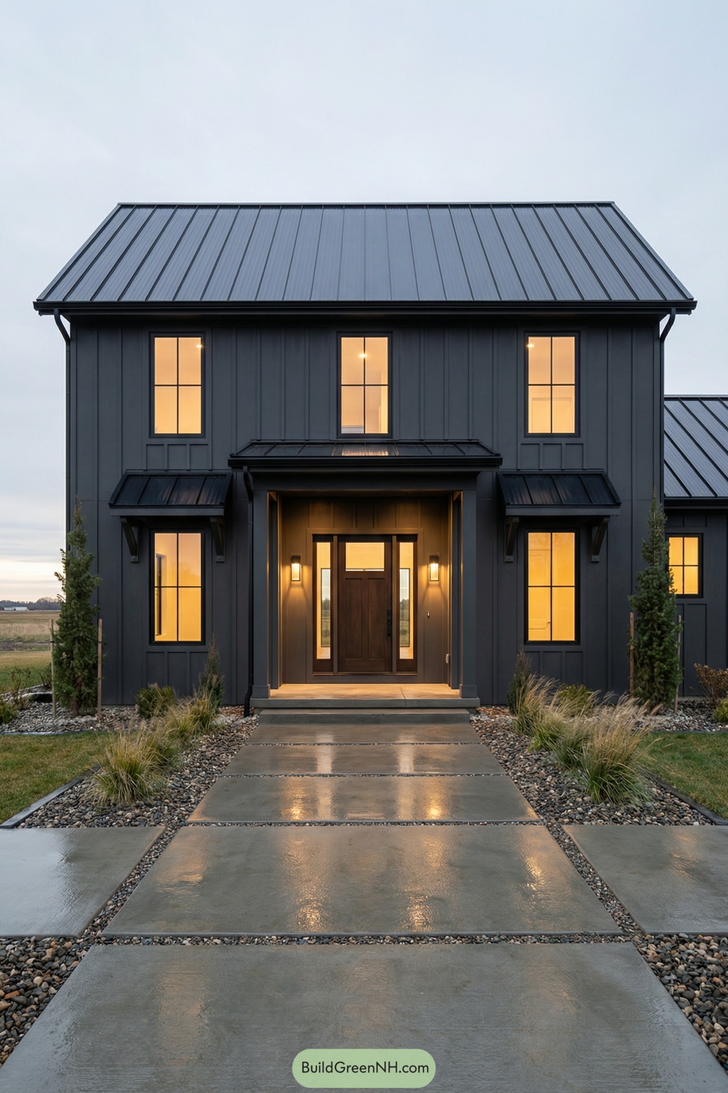 Dark modern cottage with tall windows and glowing entry