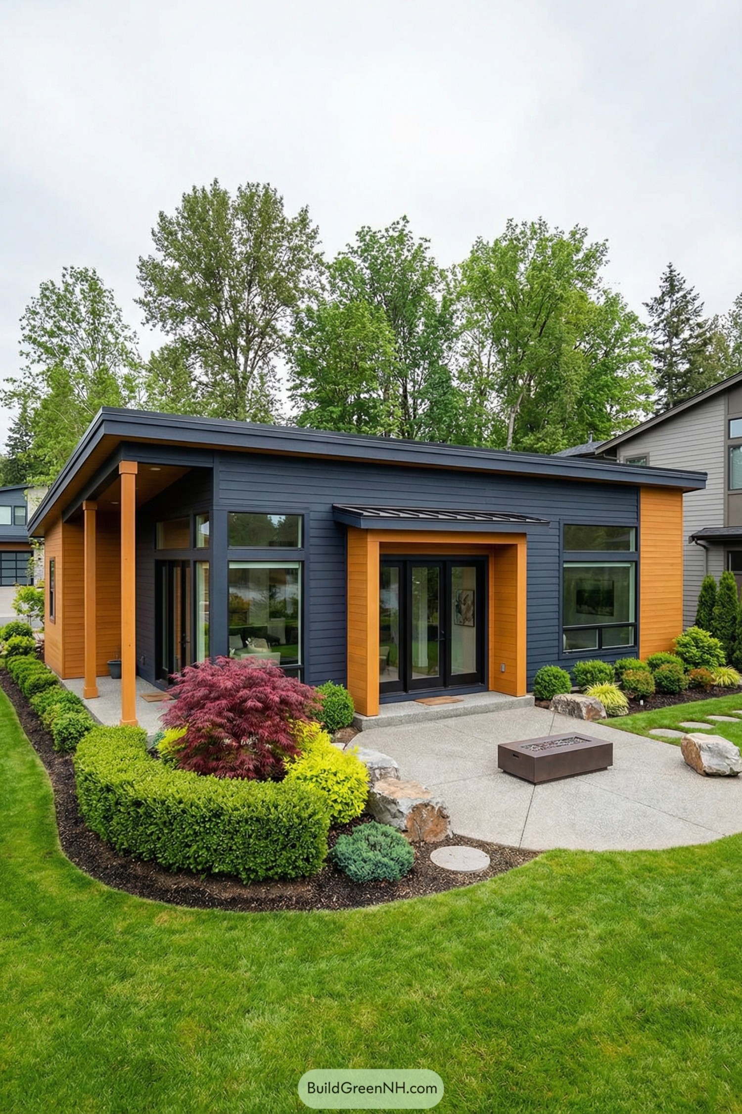 Modern single story cottage with dark blue and warm cedar siding, large windows, and manicured garden patio