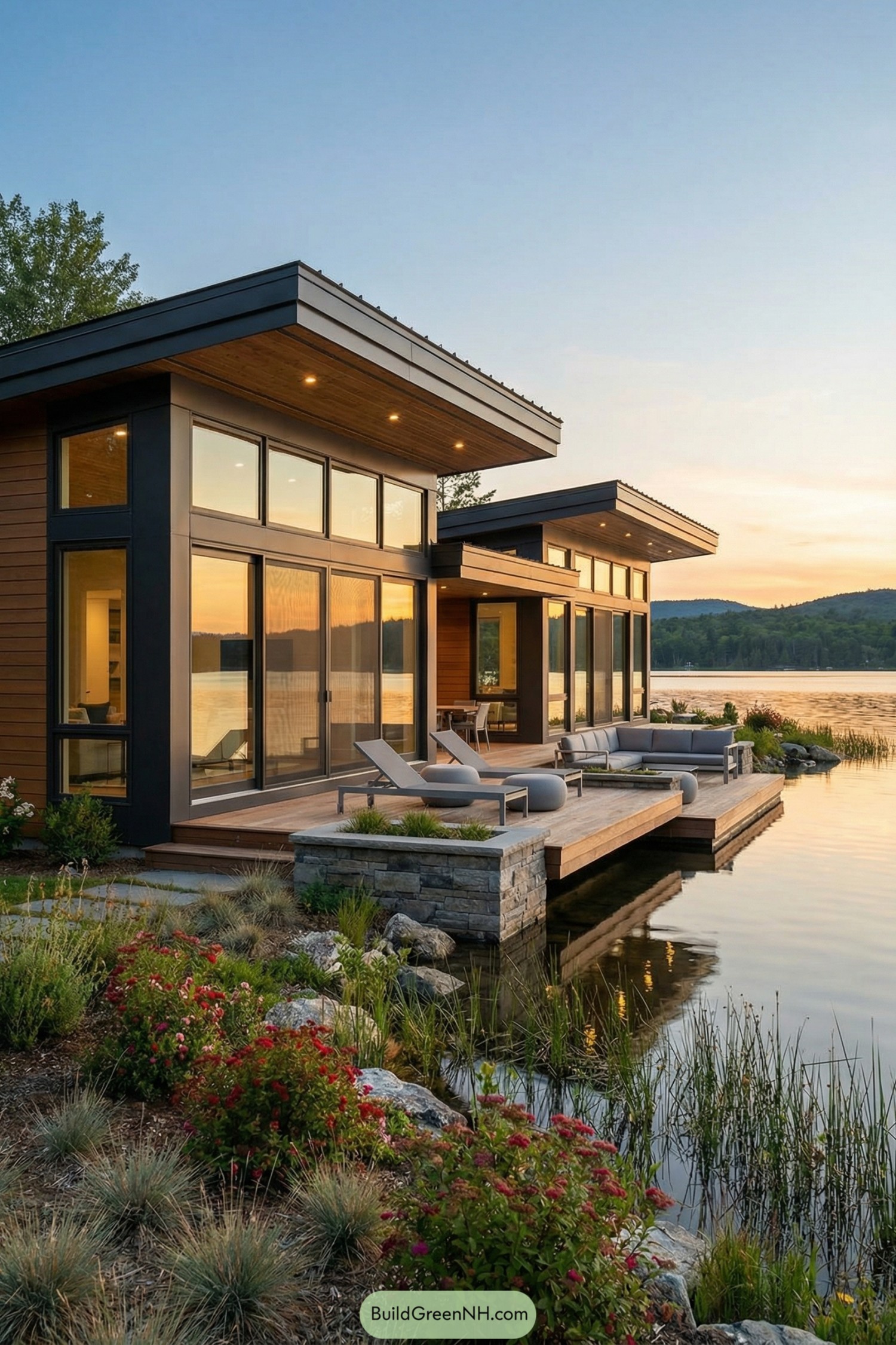 Modern lakeside cottage with glass walls, tiered deck, and low sloped roofs reflecting in calm water