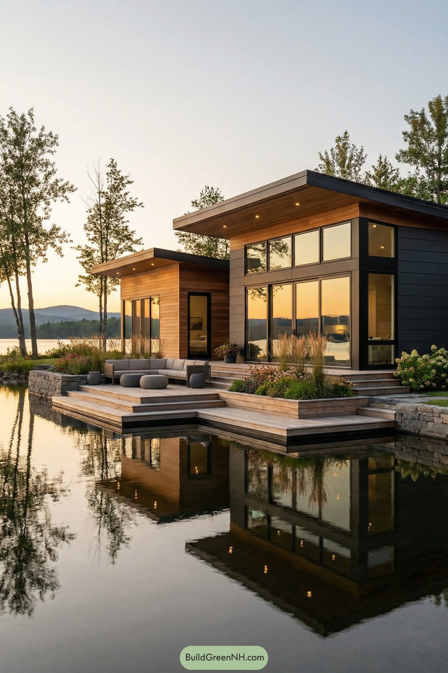 Modern flat roof cottage with warm wood siding and large glass walls beside a still lake