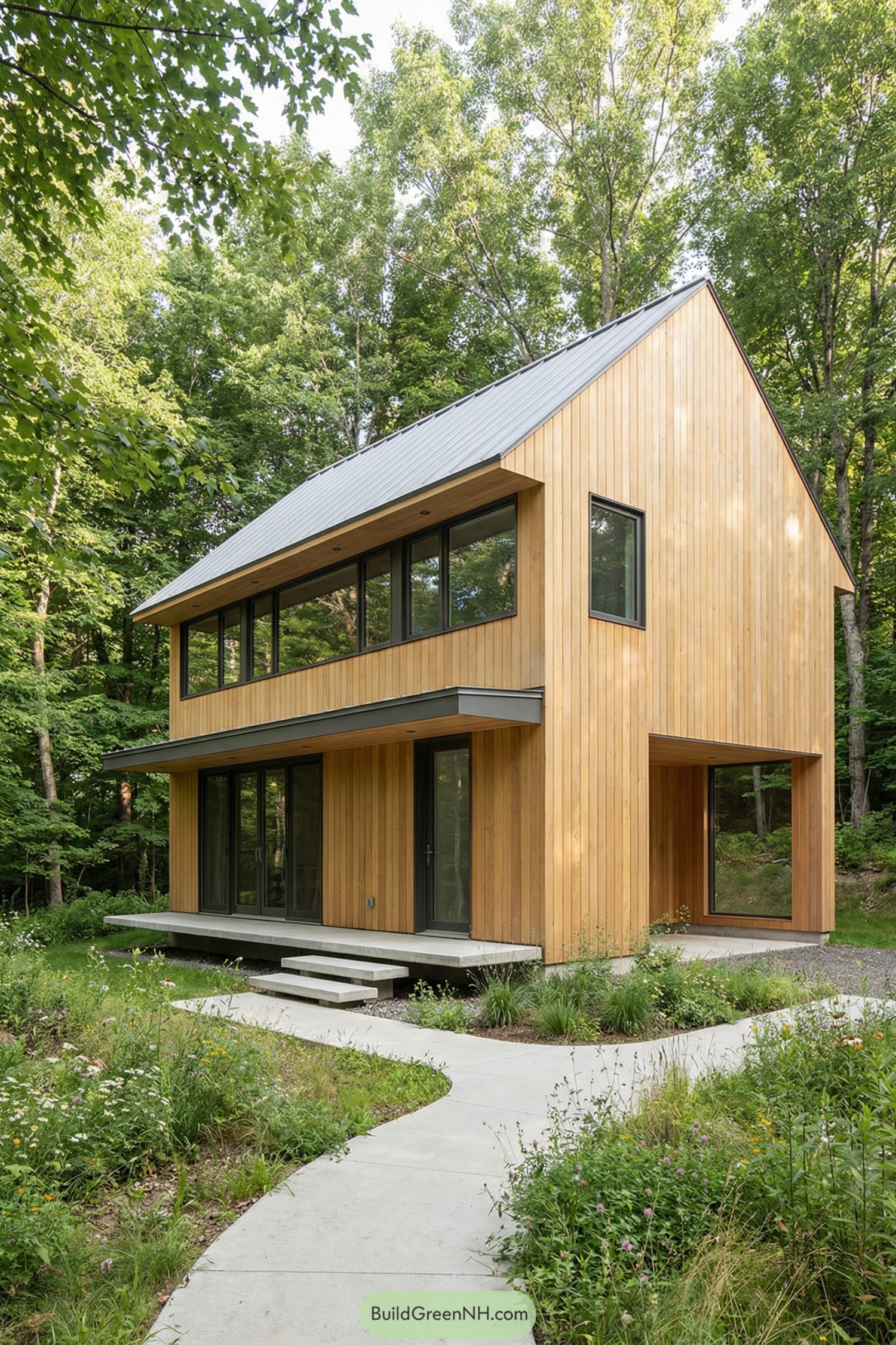 Two story cedar clad cottage with large windows and metal roof nestled in lush forest