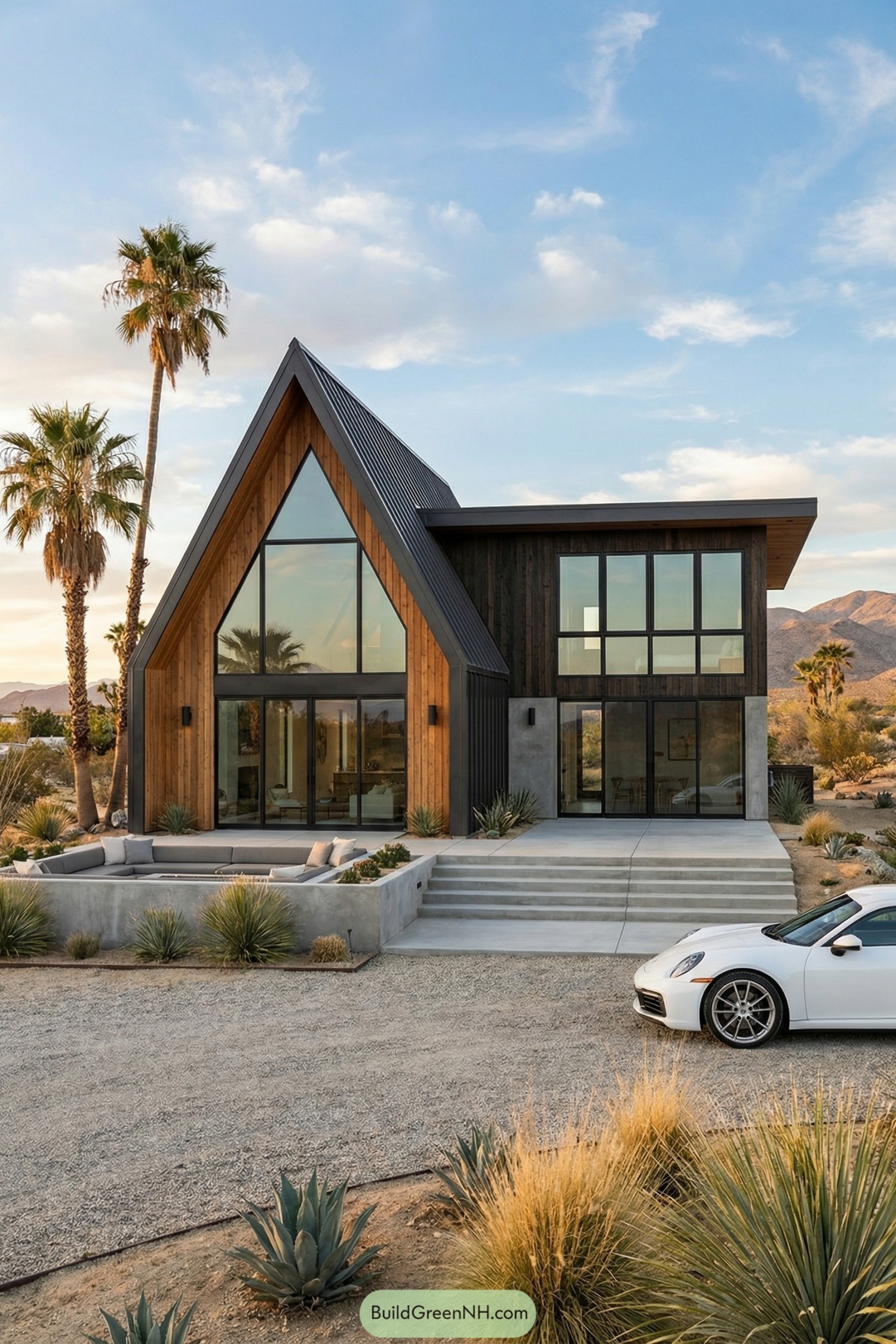 high-res photo of beautiful modern cottage exterior, sharp A-frame and boxy volume fusion style facade, asymmetrical composition, warm light wood cladding with vertical boards, dark metal trim accents, large triangular glazed gable front, full-height glass sliding doors and floor-to-ceiling windows with slim black frames, rectangular side windows aligned in a clean grid, elongated two-story rectangular rear volume attached to one side of the A-frame, structure sitting on low stepped concrete platform terraces, exterior materials combining natural timber, smooth cast concrete steps, and standing-seam metal roof panels in matte dark gray, steep A-frame roof extending almost to the ground on one side, flat parapet roof over the rear volume, minimal frameless glass balustries at edges of terraces, main entrance expressed by wider glass door section beneath the glazed gable, wide concrete stairs leading from gravel forecourt to front terrace, integrated concrete planters and built-in lounge benches on the terrace, desert-style landscaping with gravel ground cover, scattered boulders, low drought-tolerant shrubs, ornamental grasses and succulents, tall sparse palm trees framing the cottage, white sports car parked on gravel driveway in front, background of dry rugged mountains under blue sky with scattered clouds, clean and picturesque desert oasis setting, single real-life photo, high-resolution, architectural photography, soft lighting, cinematic composition.