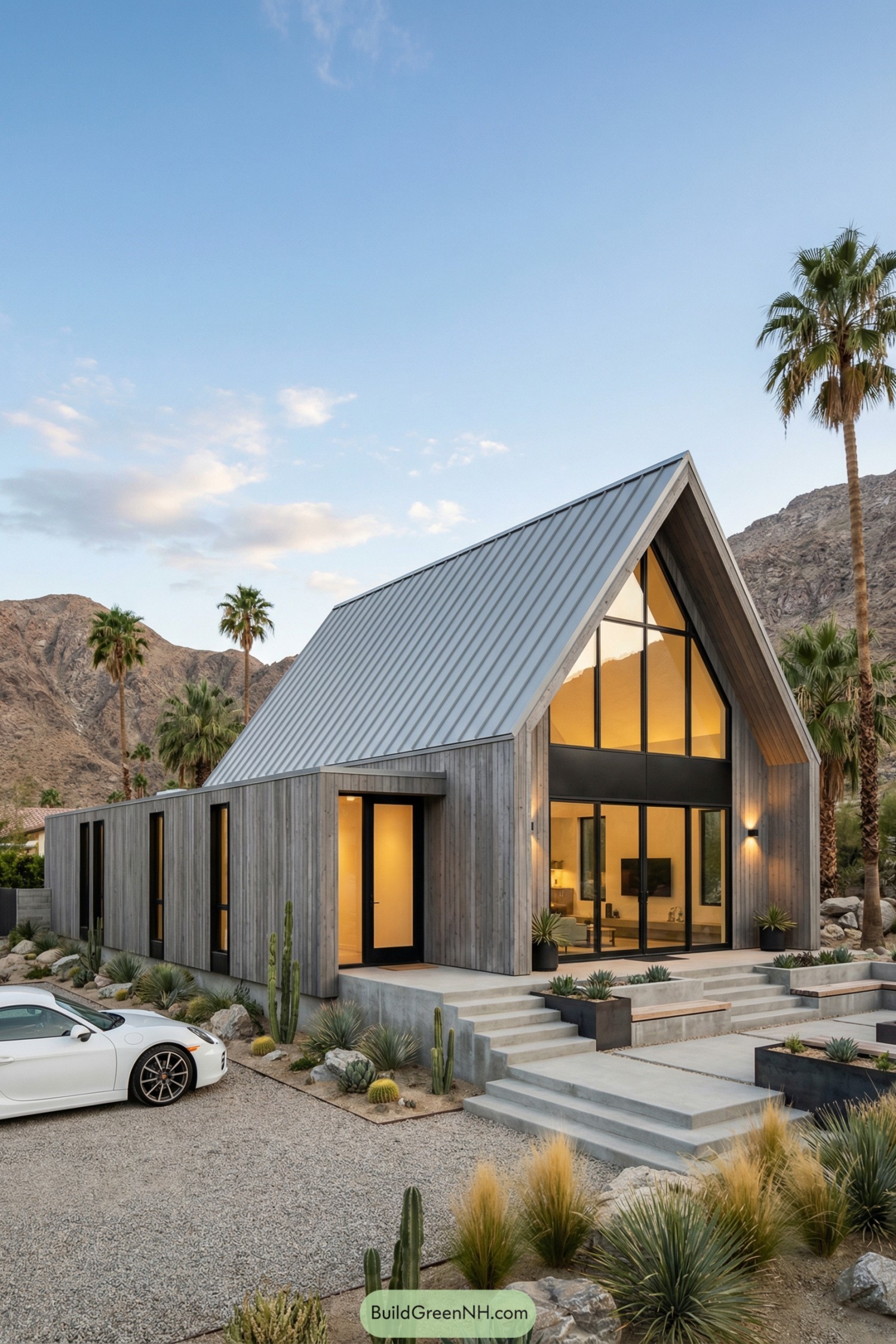 Modern gabled cottage with wood siding and desert landscaping