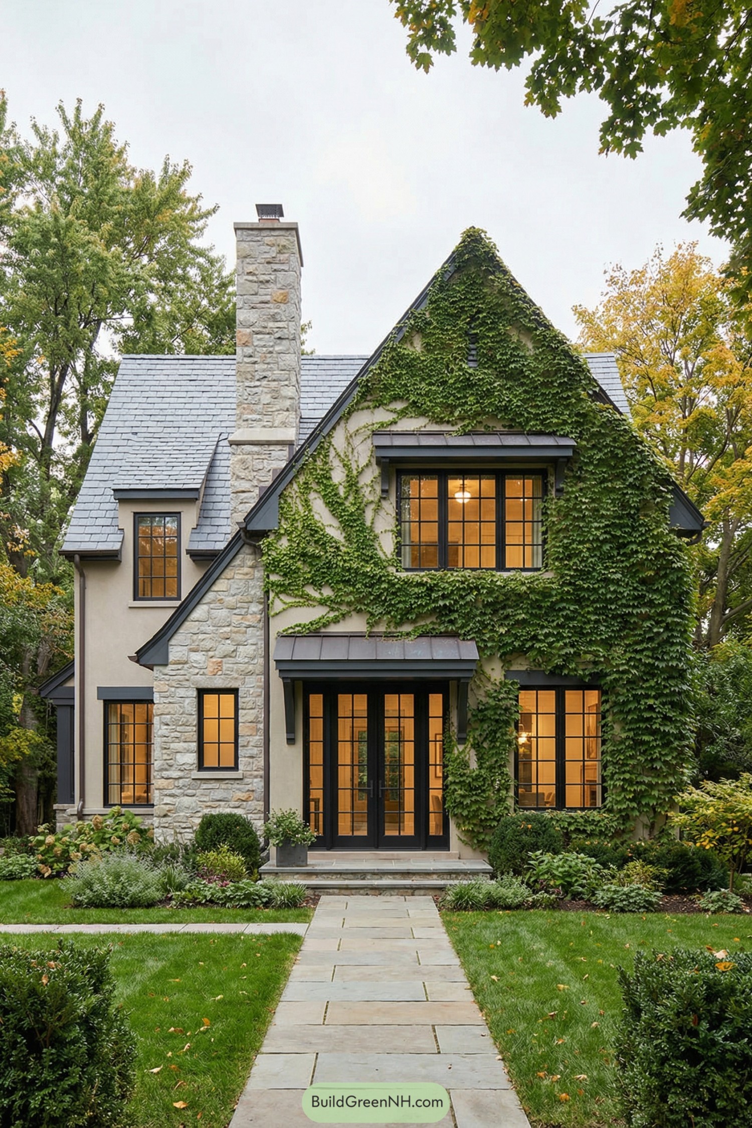 Stone and ivy covered modern cottage exterior