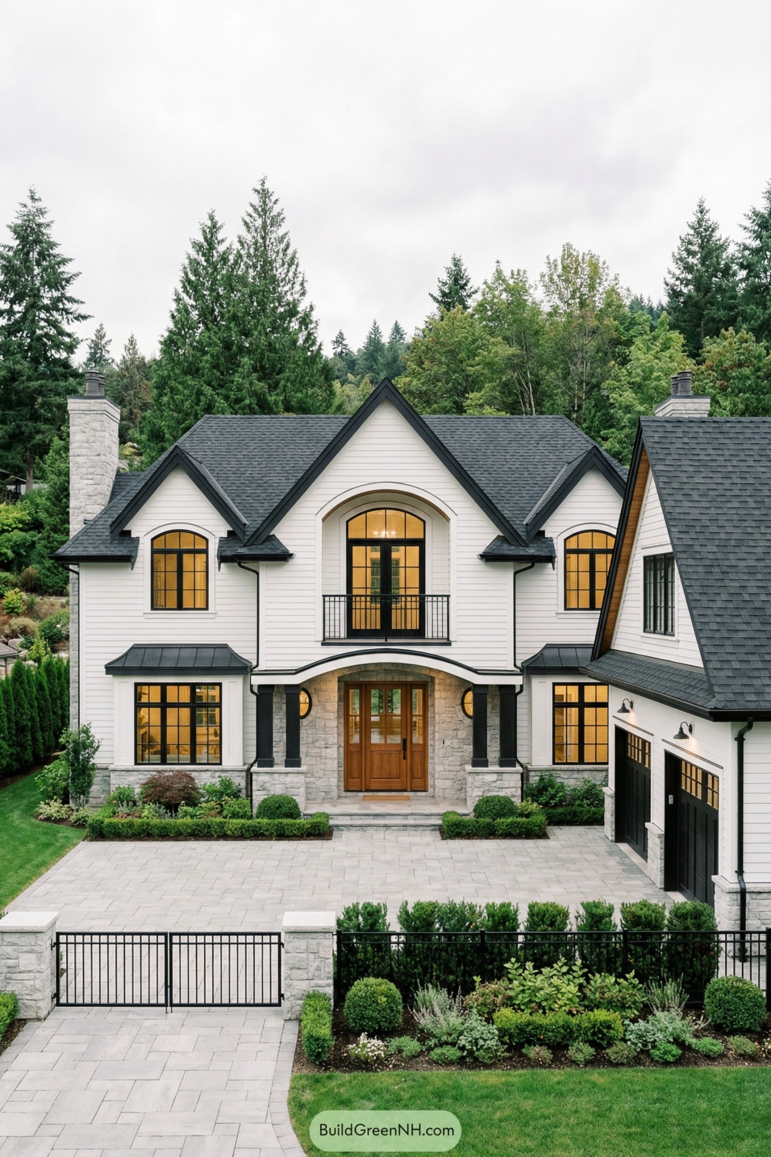White two story cottage with black roof, stone accents, and warm lit windows surrounded by lush landscaping