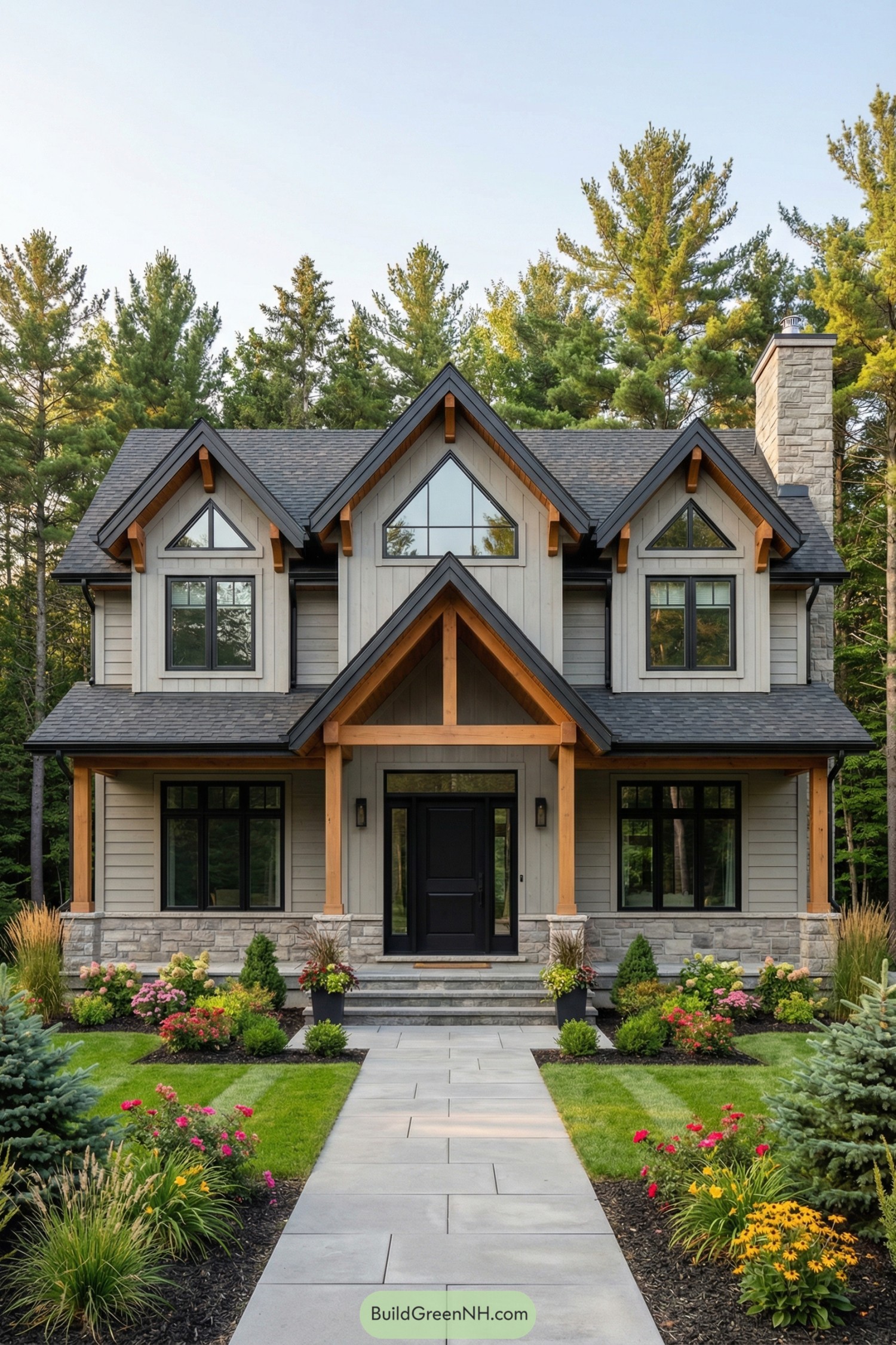 Modern cottage with tall gables, wood accents, stone base, and lush front garden