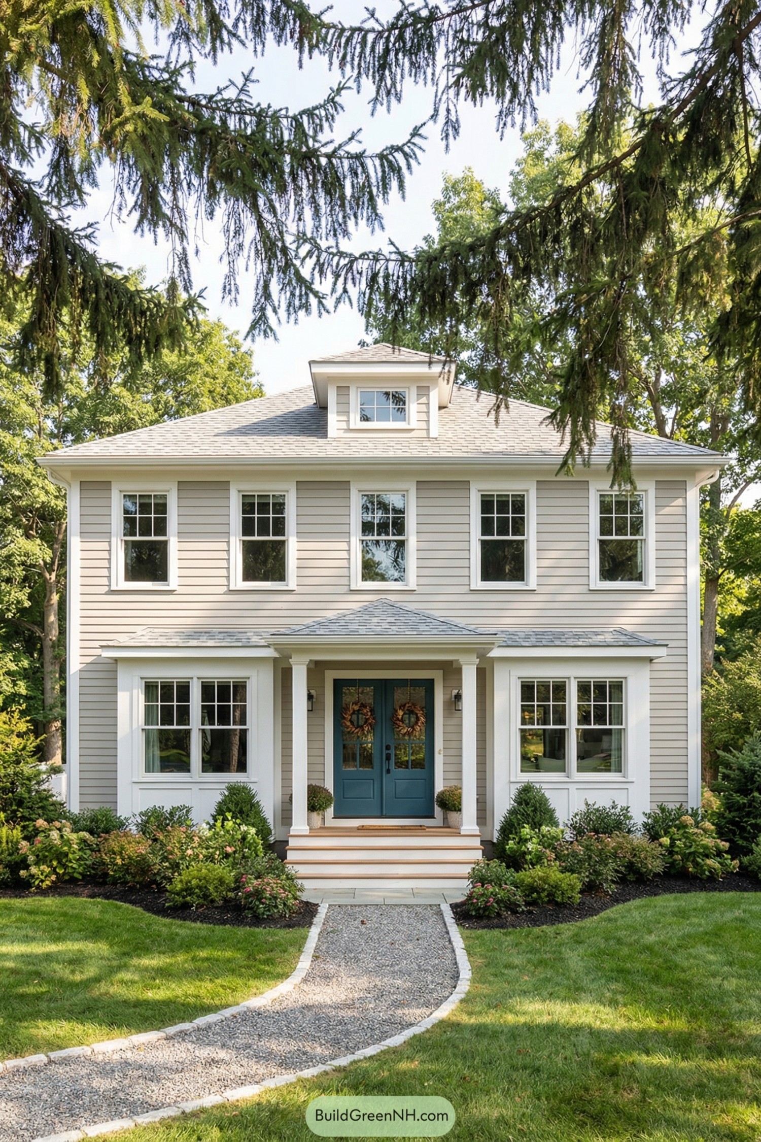 Two story gray cottage with teal double front doors, front porch, and neat gravel path through landscaped yard. Symmetrical windows and small roof dormer framed by tall trees