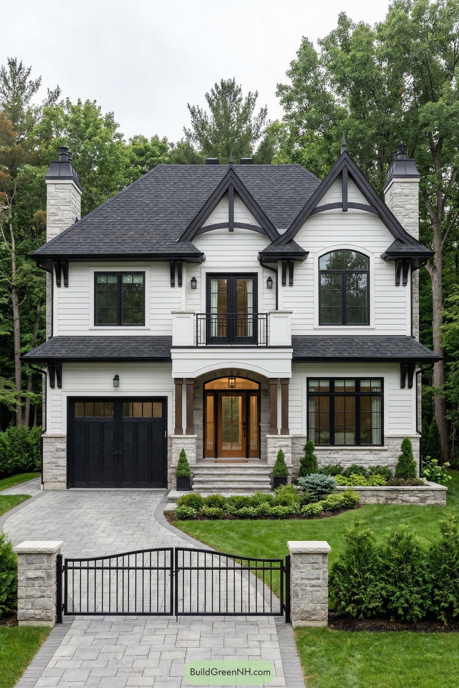 Elegant white cottage with dark gables stone base black windows and manicured front garden