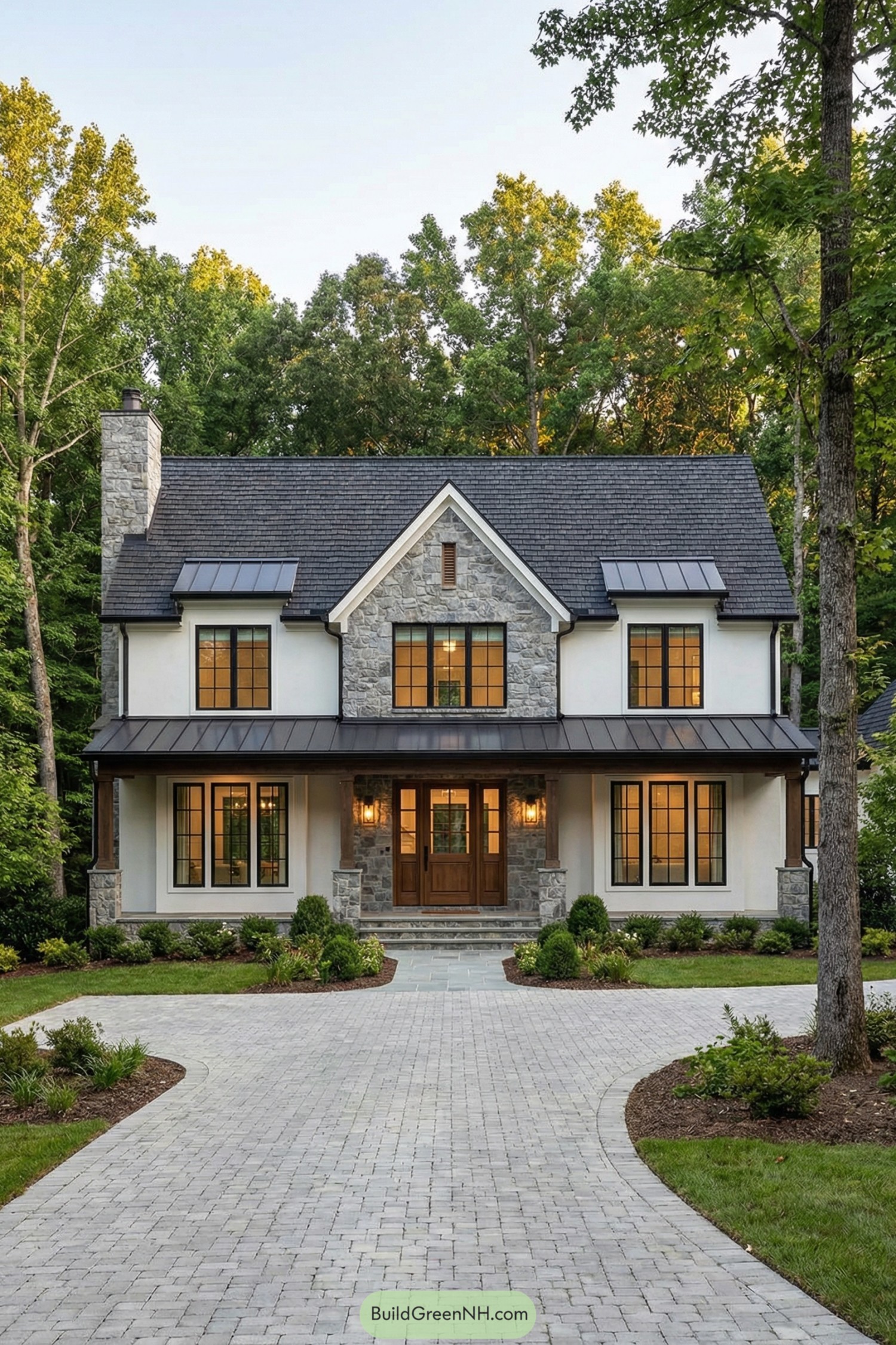 Modern stone and stucco cottage with black metal accents set along a curved paver driveway in a forested lot