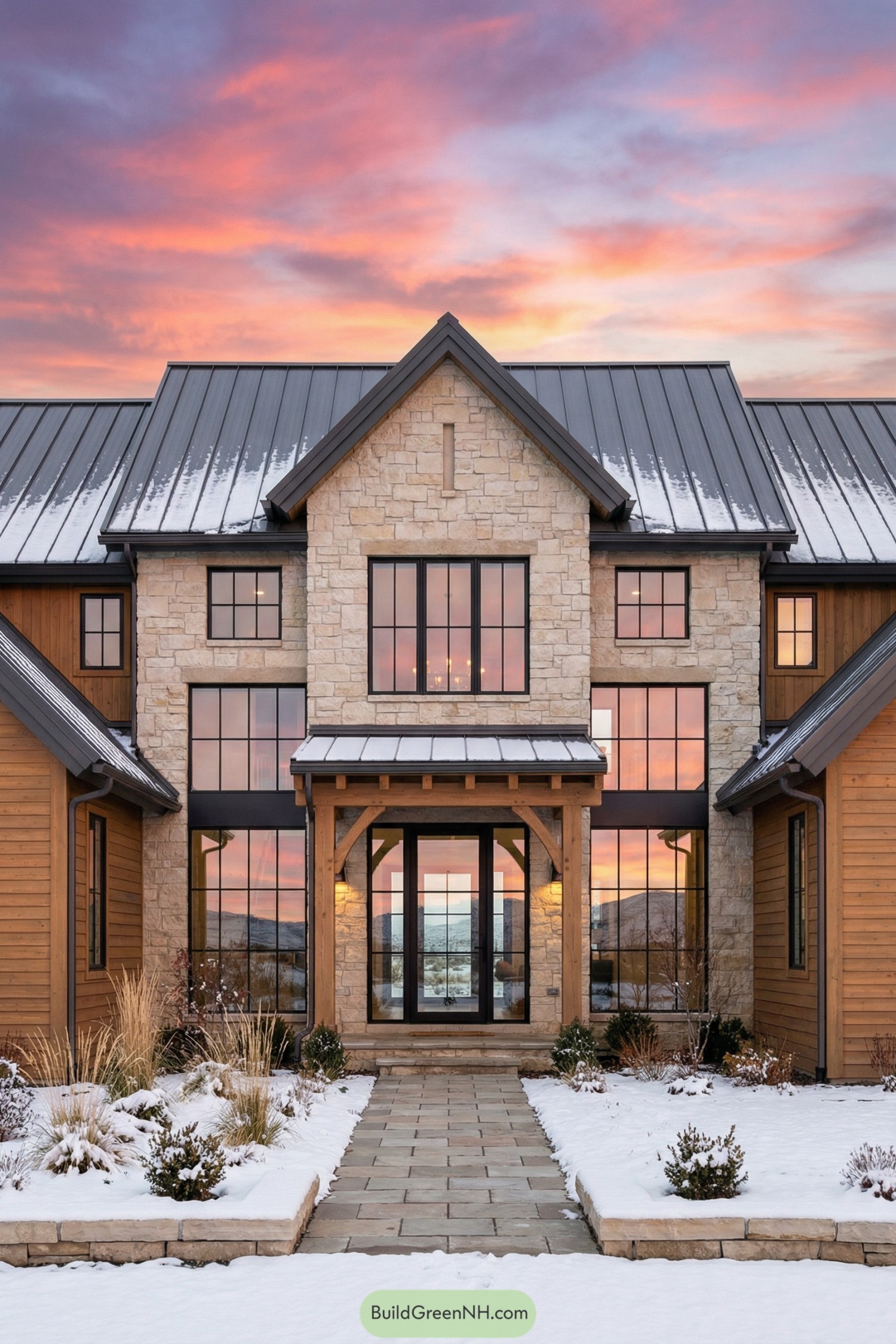 Modern stone and wood cottage with large black-framed windows and a metal roof at sunset