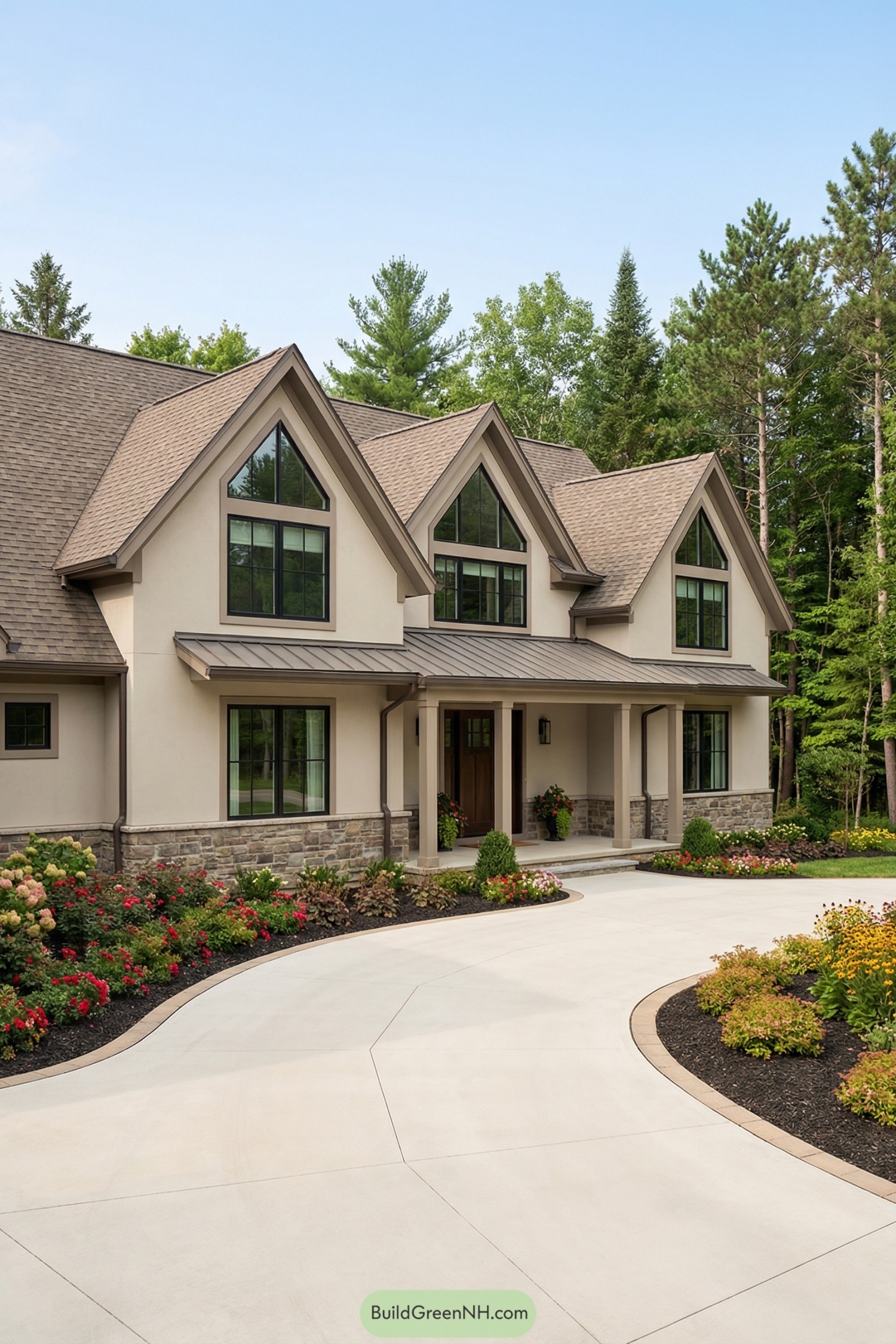 Creamy stucco and stone cottage with tall gables, black framed windows, and a sweeping flower lined driveway