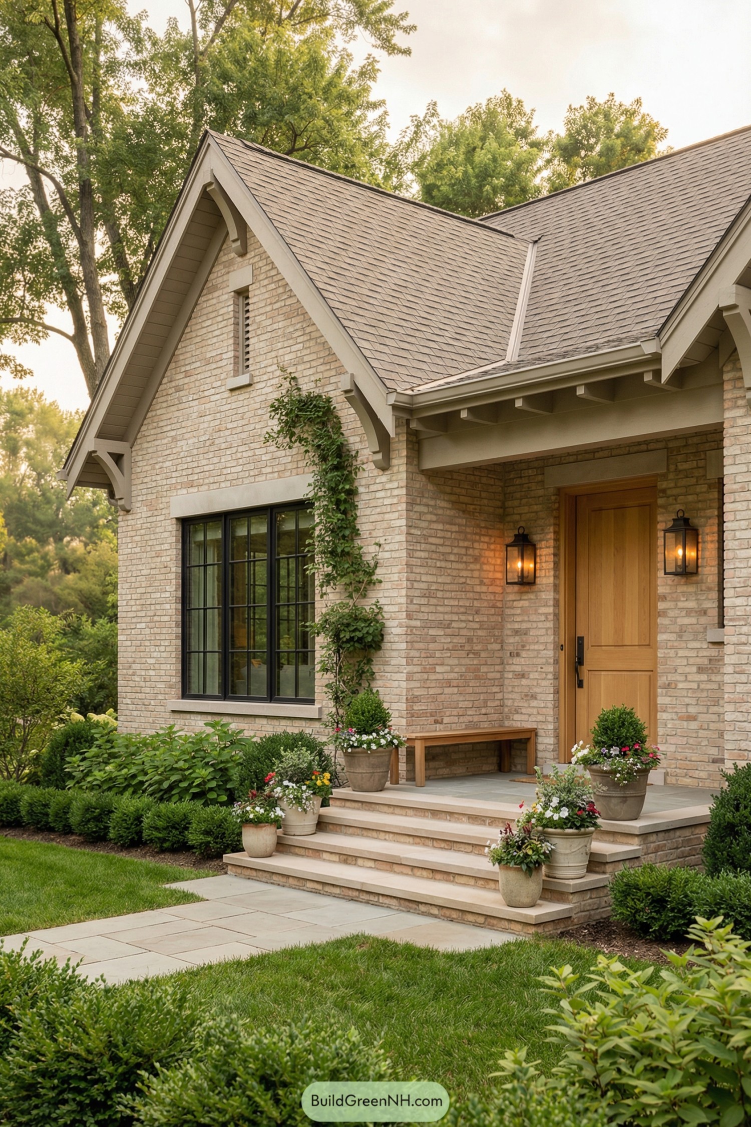 Light brick cottage with gabled roof and lush planted entry steps