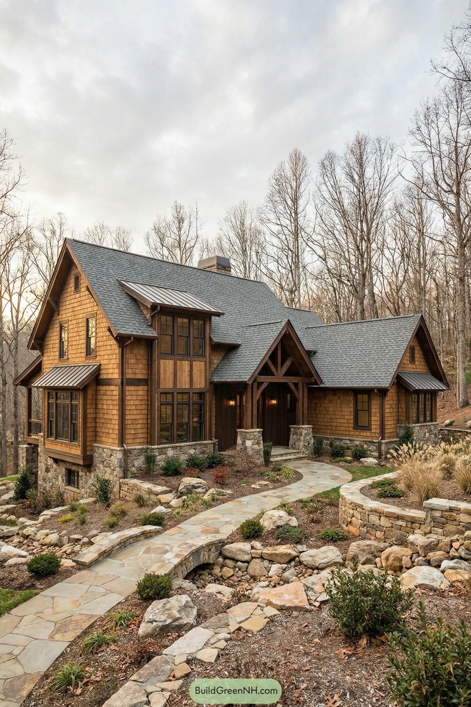 Warm shingle and stone cottage amid wooded landscape