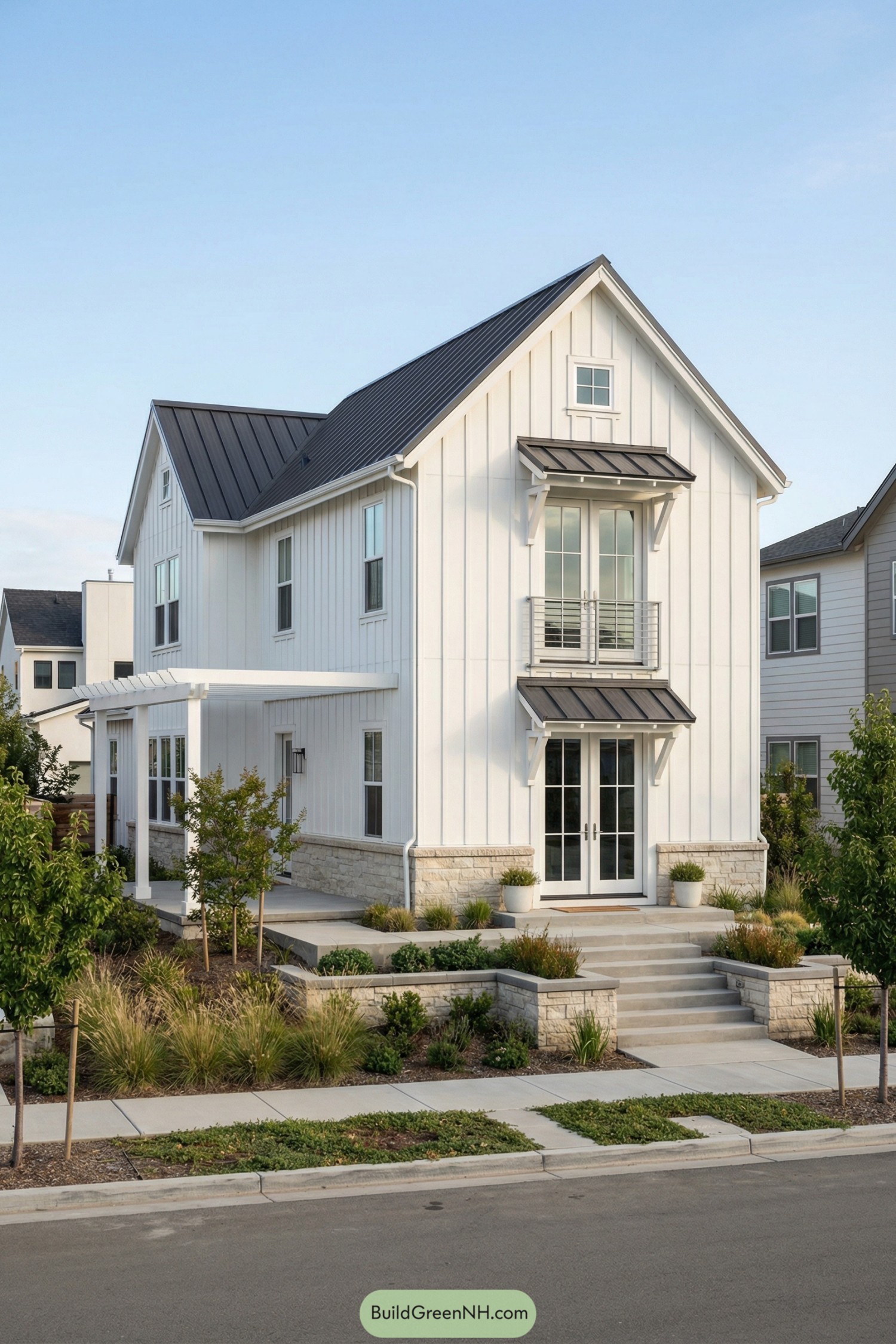 Modern white cottage with black roof and layered stone planters