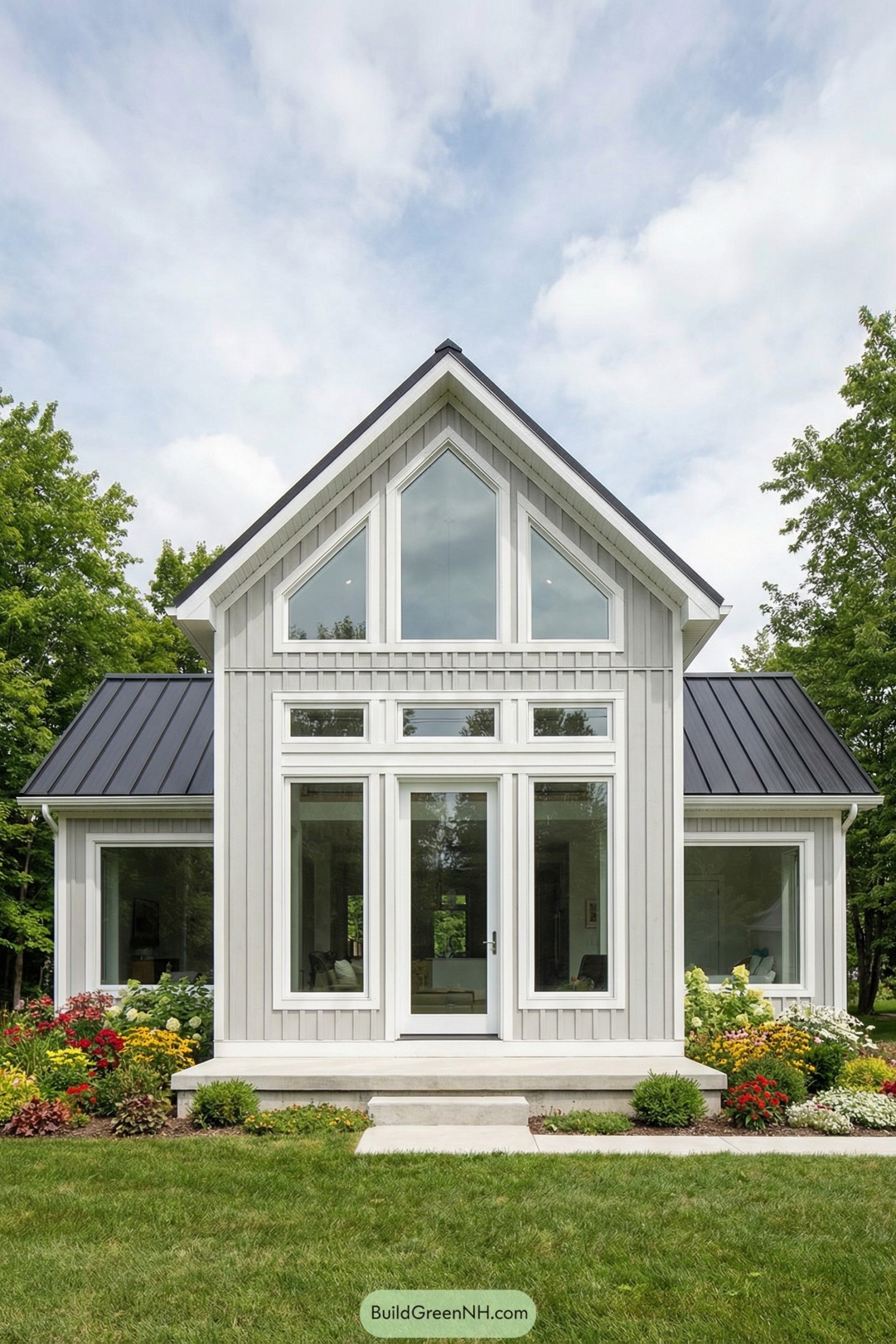 White gabled cottage with large front windows and surrounding garden