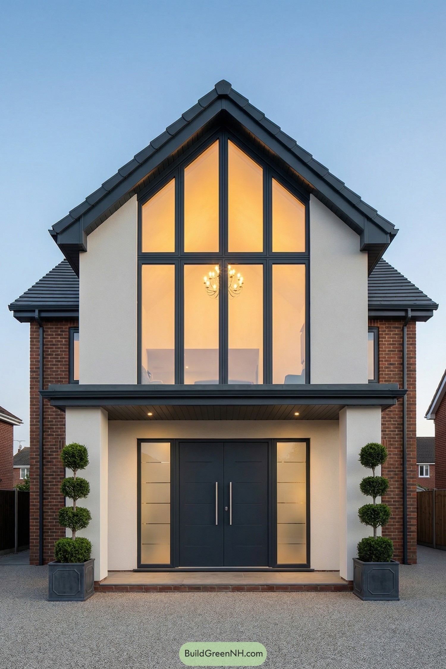 Tall gable front house with full height windows and double entry doors