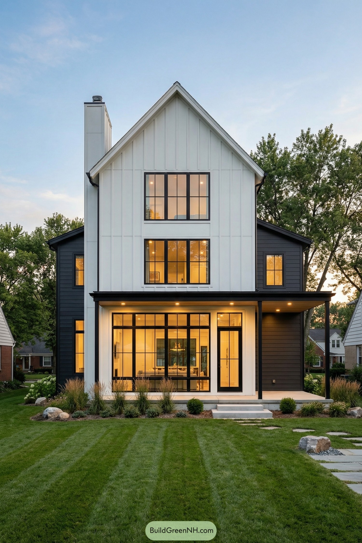 Modern farmhouse with tall black framed front windows set in a white gabled facade with dark side wings and a covered porch