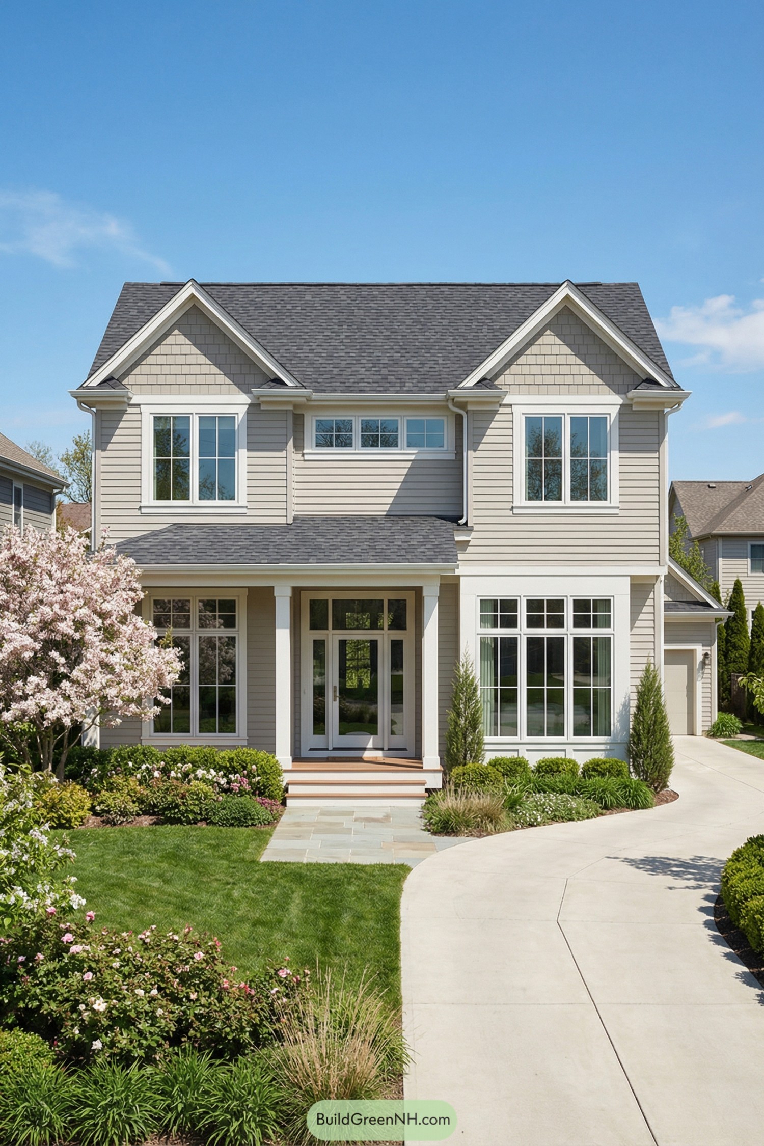Two story beige house with large front windows and landscaped yard on a curved driveway