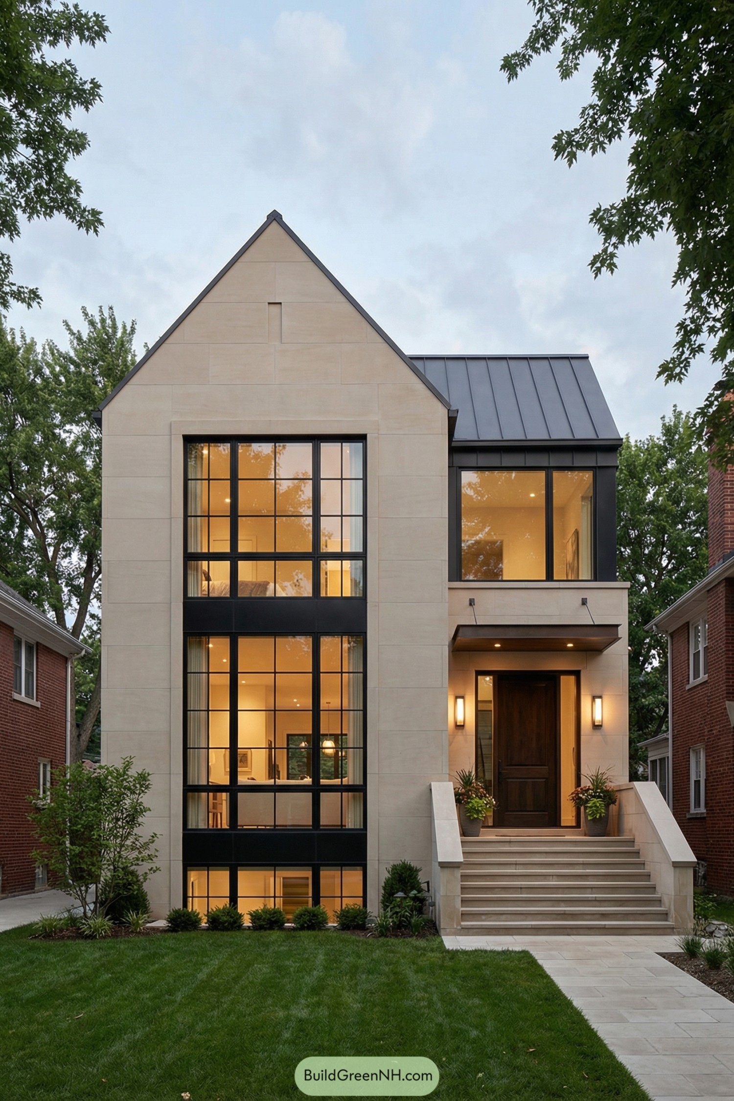 Modern house exterior with tall grid windows and stone facade