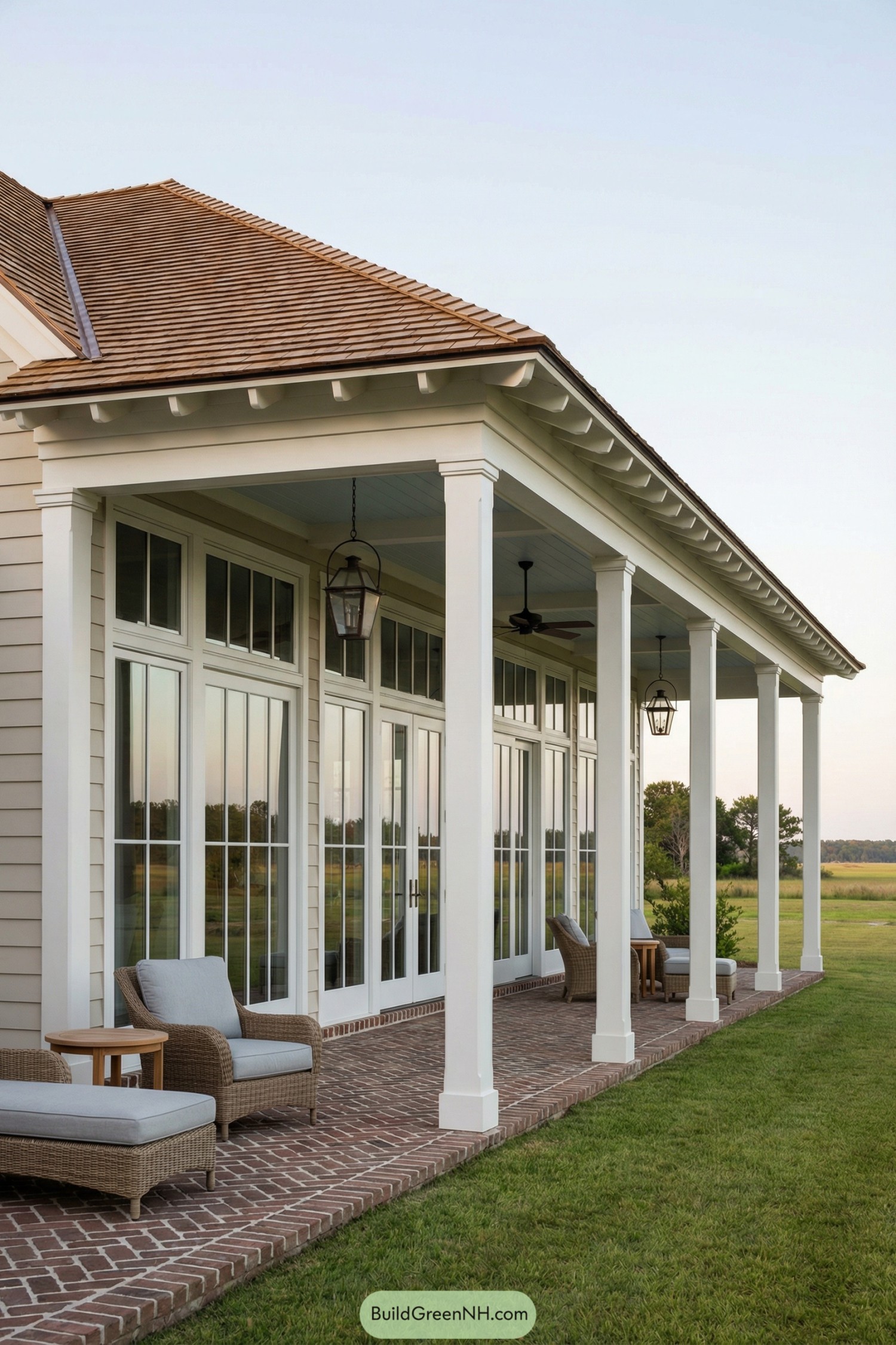 Long porch with tall white French windows