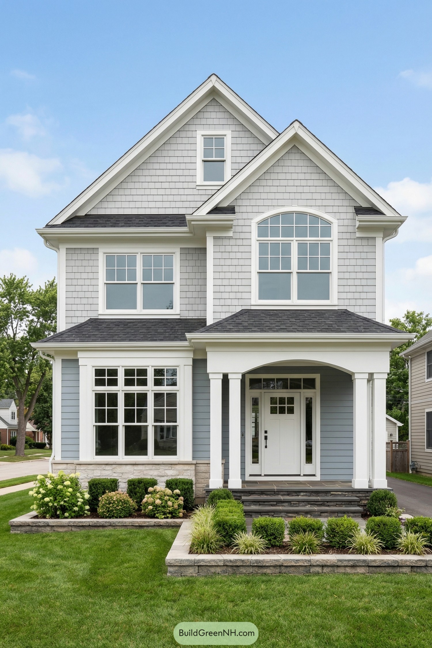 Front view of a gray gabled house with large gridded bay window and arched upper window