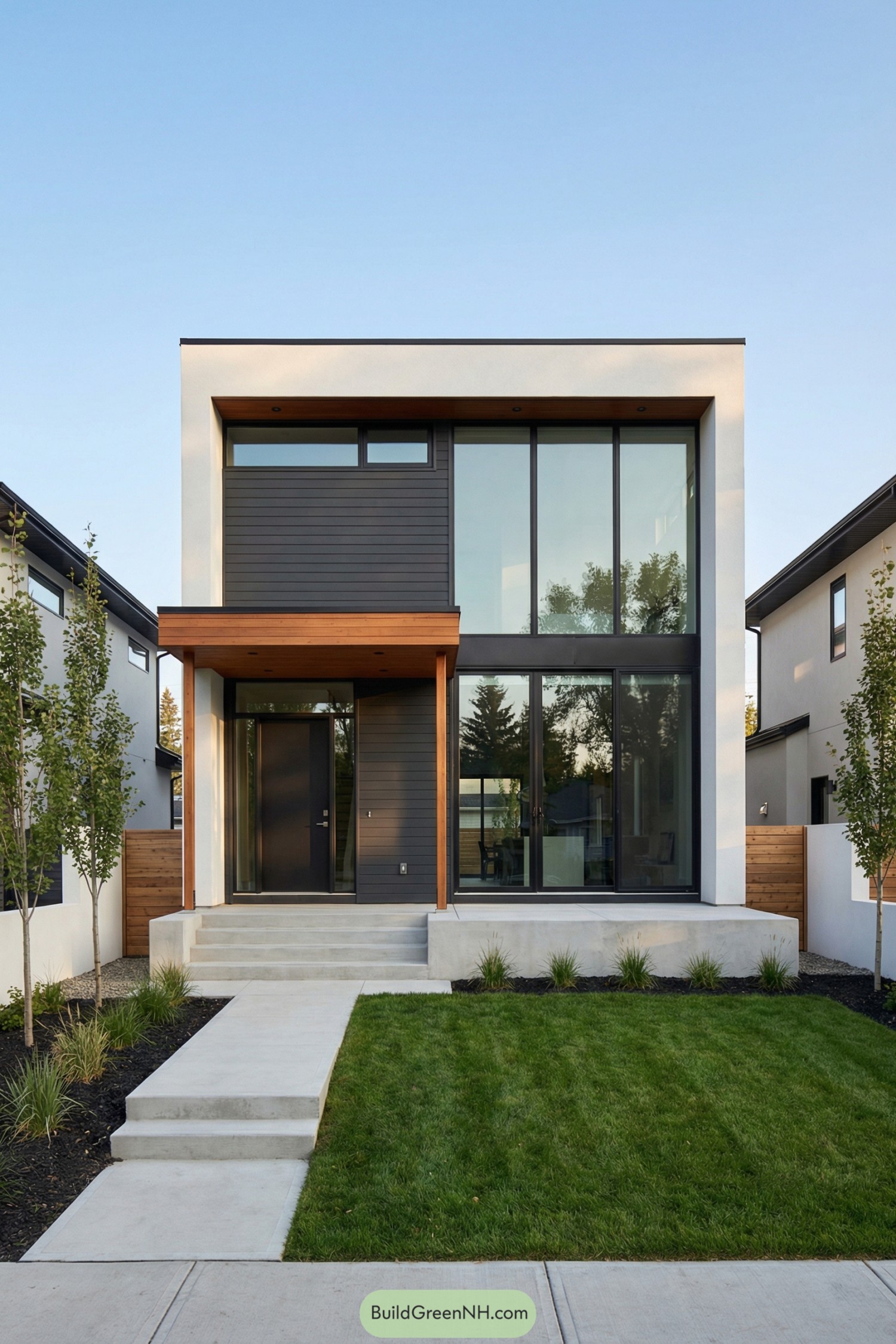Modern two story home with large front glass facade and clean rectangular lines