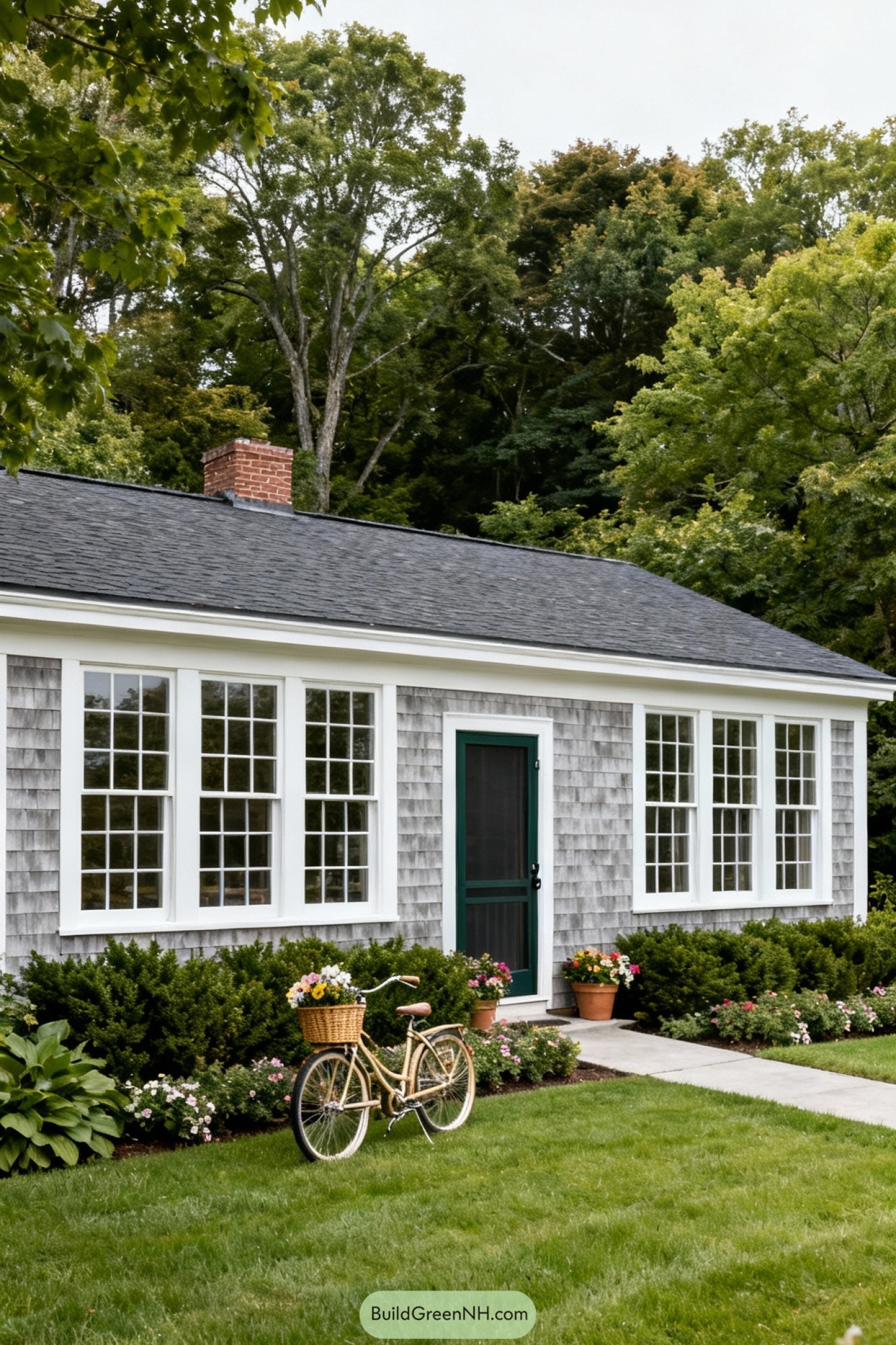 Gray shingled cottage with long row of white grid windows facing a landscaped lawn