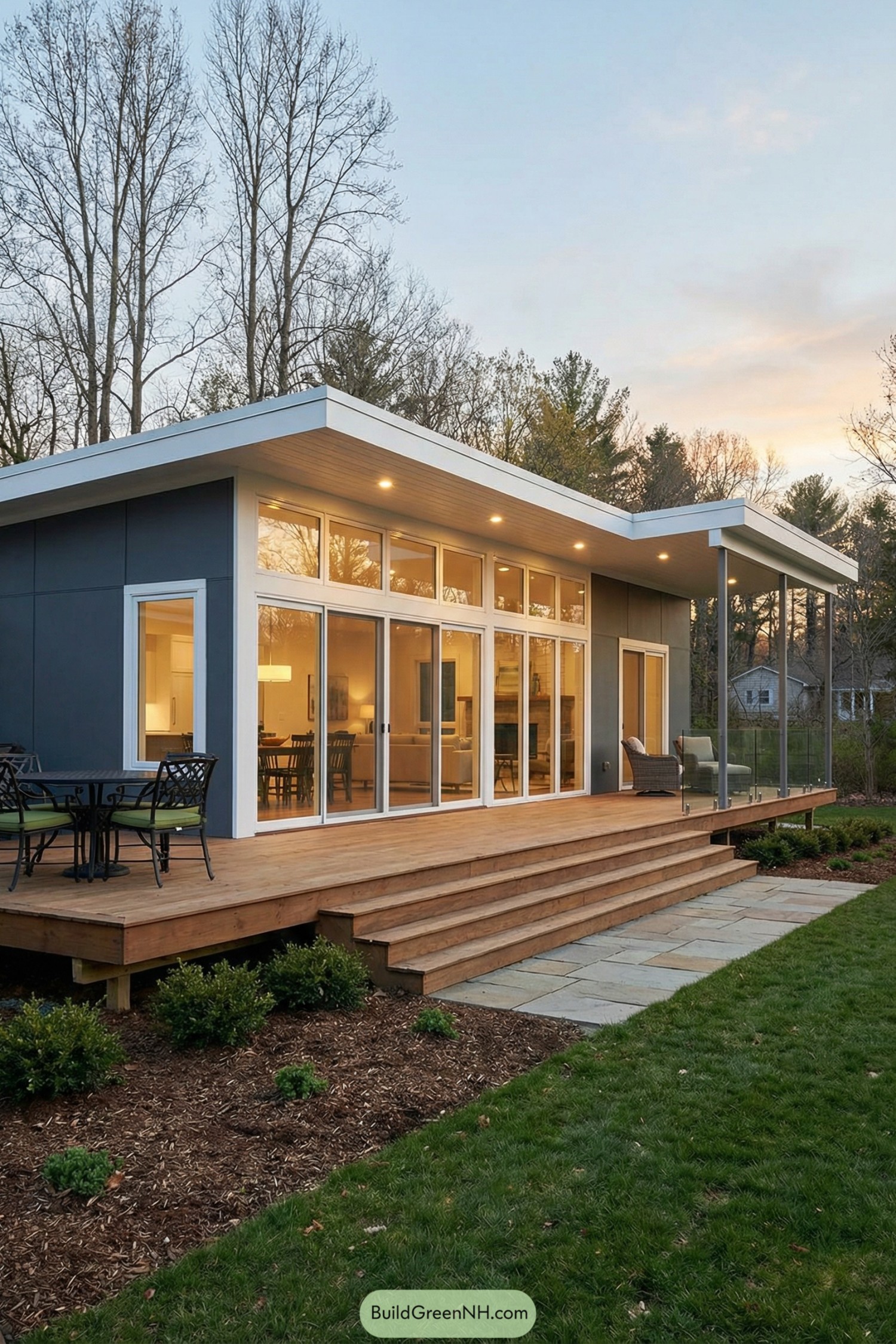 Single story home with full glass front wall and large wooden deck at dusk