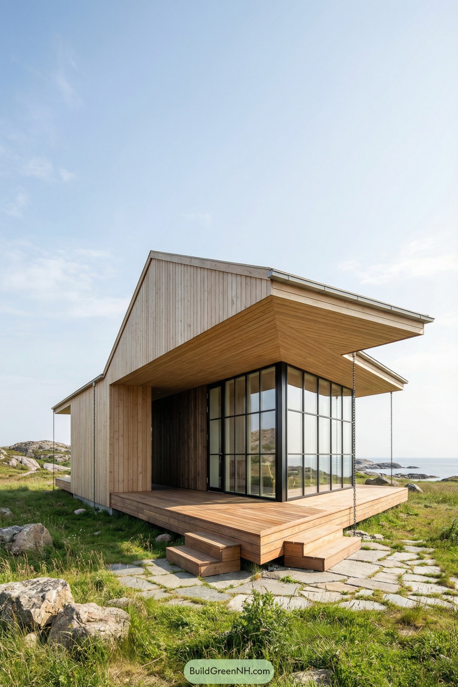Modern wooden cabin with large corner grid windows overlooking rocky coastal landscape
