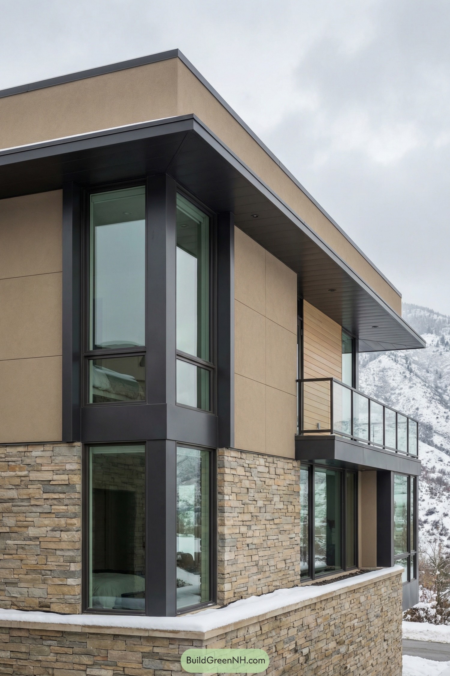 Modern two story home with tall corner windows and glass balcony in a snowy mountain setting