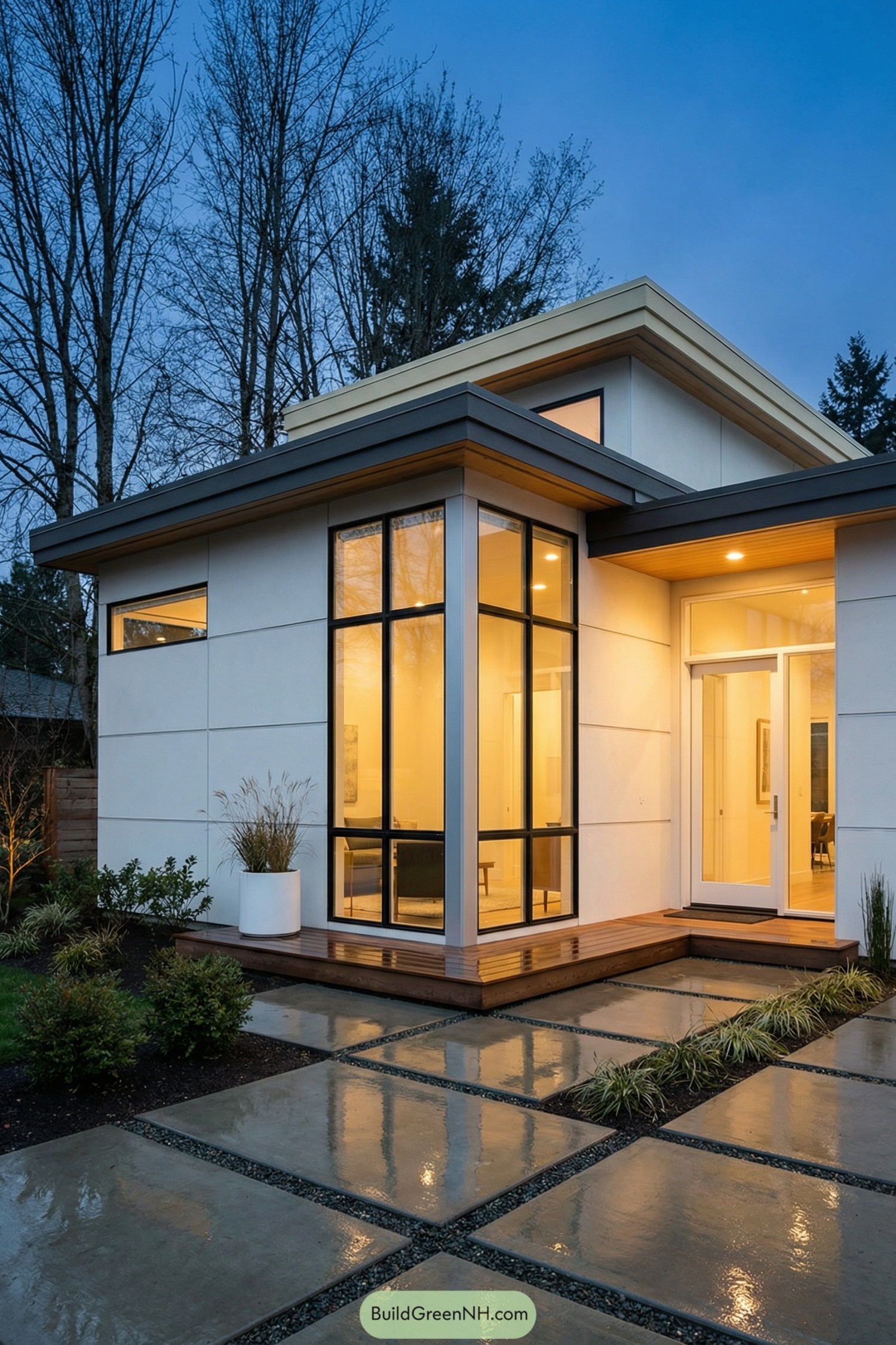 Modern small house with tall corner windows at dusk