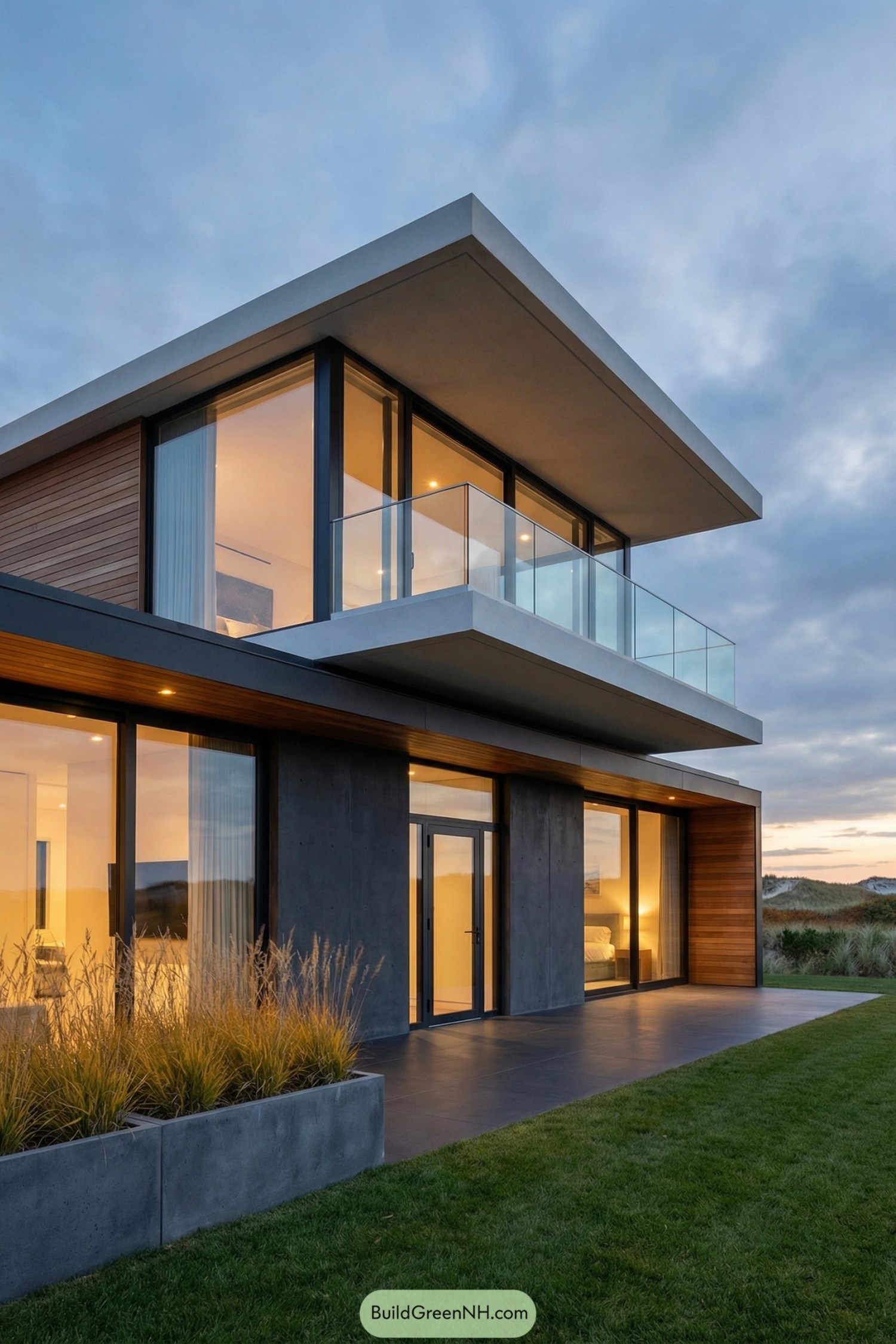 Two story modern home with expansive glass walls at dusk