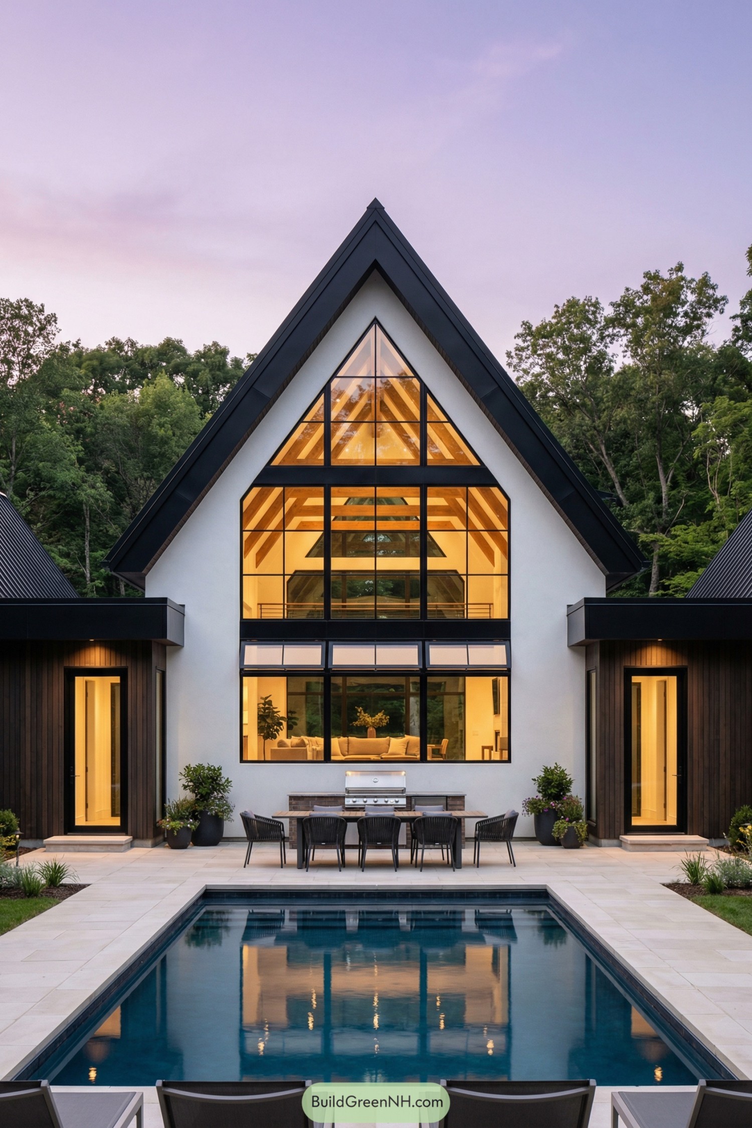high-res photo of Big Front Windows Exterior, steep front-gabled facade with clean minimalist lines, central white stucco volume flanked by dark wood or composite side wings, sharp black metal trim defining the roof edges, tall symmetrical composition. Predominantly white and charcoal-black exterior colors, warm interior light glowing through glass, subtle natural wood accents visible inside, pale stone or porcelain terrace tiles. Simple narrow rectangular building shape with a high A-frame center and low flat-roofed side volumes, strong vertical emphasis. Smooth stucco main walls, dark vertical cladding on side wings, metal-framed glazing, metal roofing, stone paving around pool. Roof style: high pitched standing-seam metal gable in matte black, flat parapet roofs over side wings. Big front windows: full-height gable window wall with black mullions, triangular upper glazing following roofline, large rectangular panes below, lower section incorporating a wide horizontal opening window system above the counter; additional slim vertical windows on side wings. Doors: two symmetrical full-height glass doors with black frames on each side wing, minimal hardware, clean lines. Outdoor area: long rectangular dining table centered before the big window, dark woven chairs, lounge chairs with light cushions and striped throws in the foreground, built-in stainless steel grill on the right, wide tiled terrace leading directly to a narrow rectangular pool with dark interior finish creating deep blue reflections. Landscaping: minimal and clean near the house, low planters and potted plants on the table, dense green trees forming a natural backdrop beyond the terrace. Surrounding background: lush tree line encircling the property, open sky at dusk with soft purple and pink gradient, calm water surface of the pool reflecting facade lights, overall balanced, picture-worthy frontal composition. single real-life photo, high-resolution, architectural photography, soft lighting, cinematic composition, strictly no collages