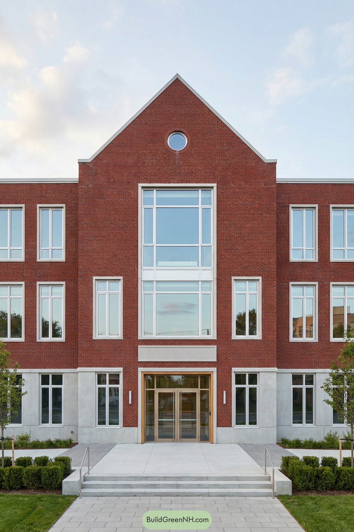 Red brick gabled facade with tall central windows and glass entry doors