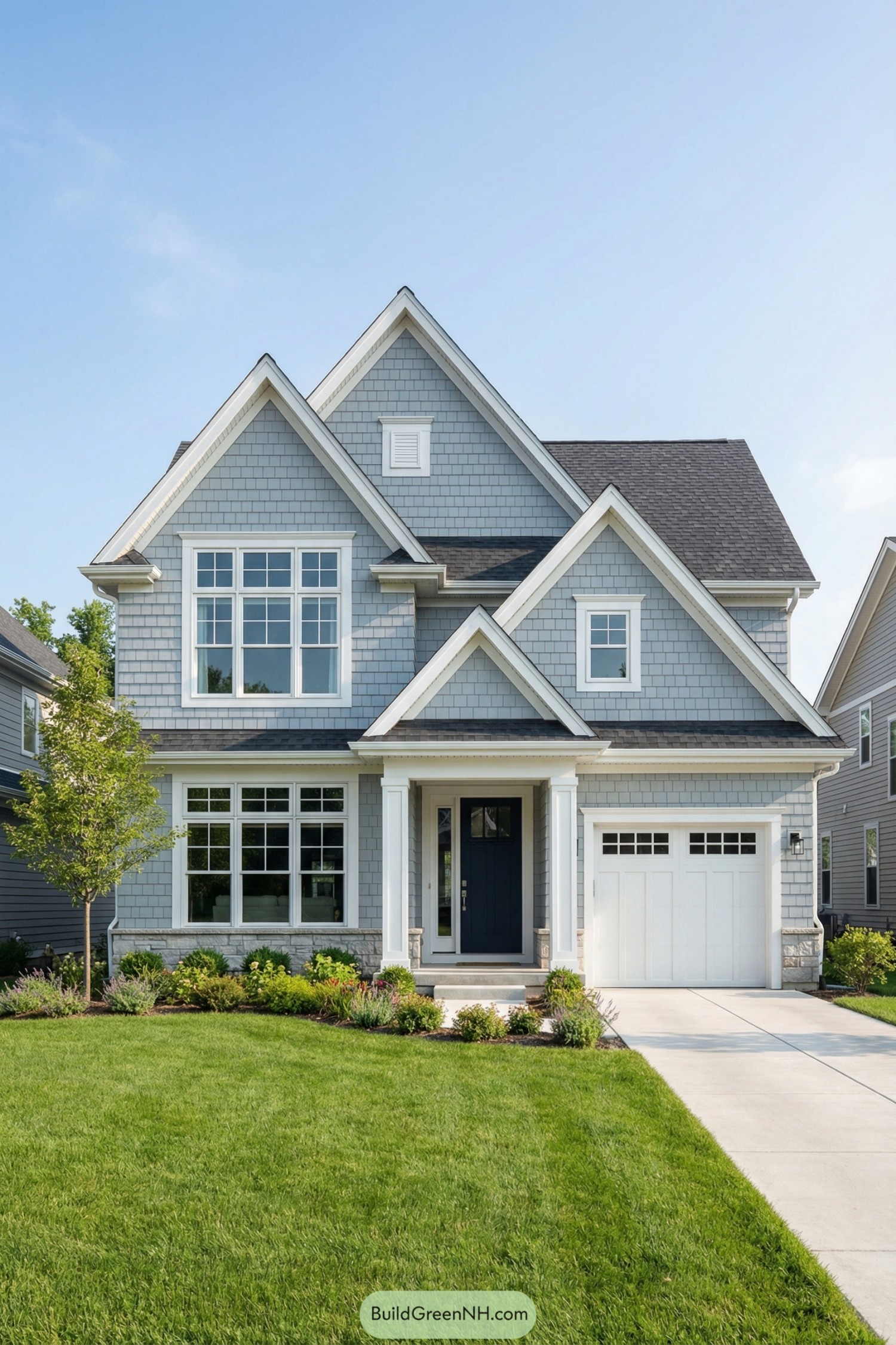 Grey gabled house with large multi pane front windows and attached garage