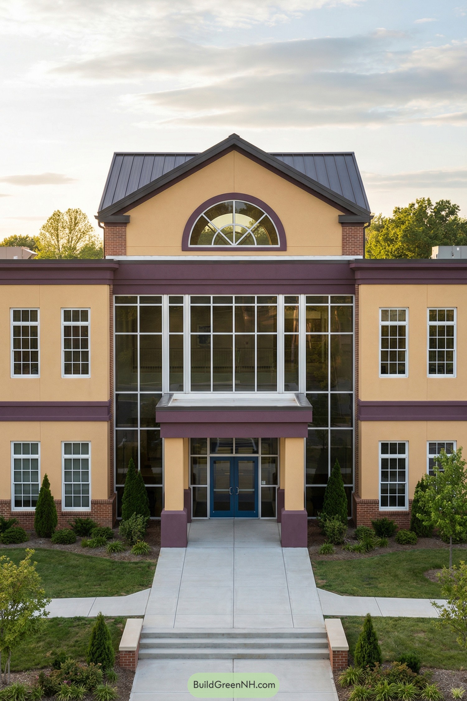Two story glass entrance centered on symmetrical tan and purple building with arched window in gabled roof