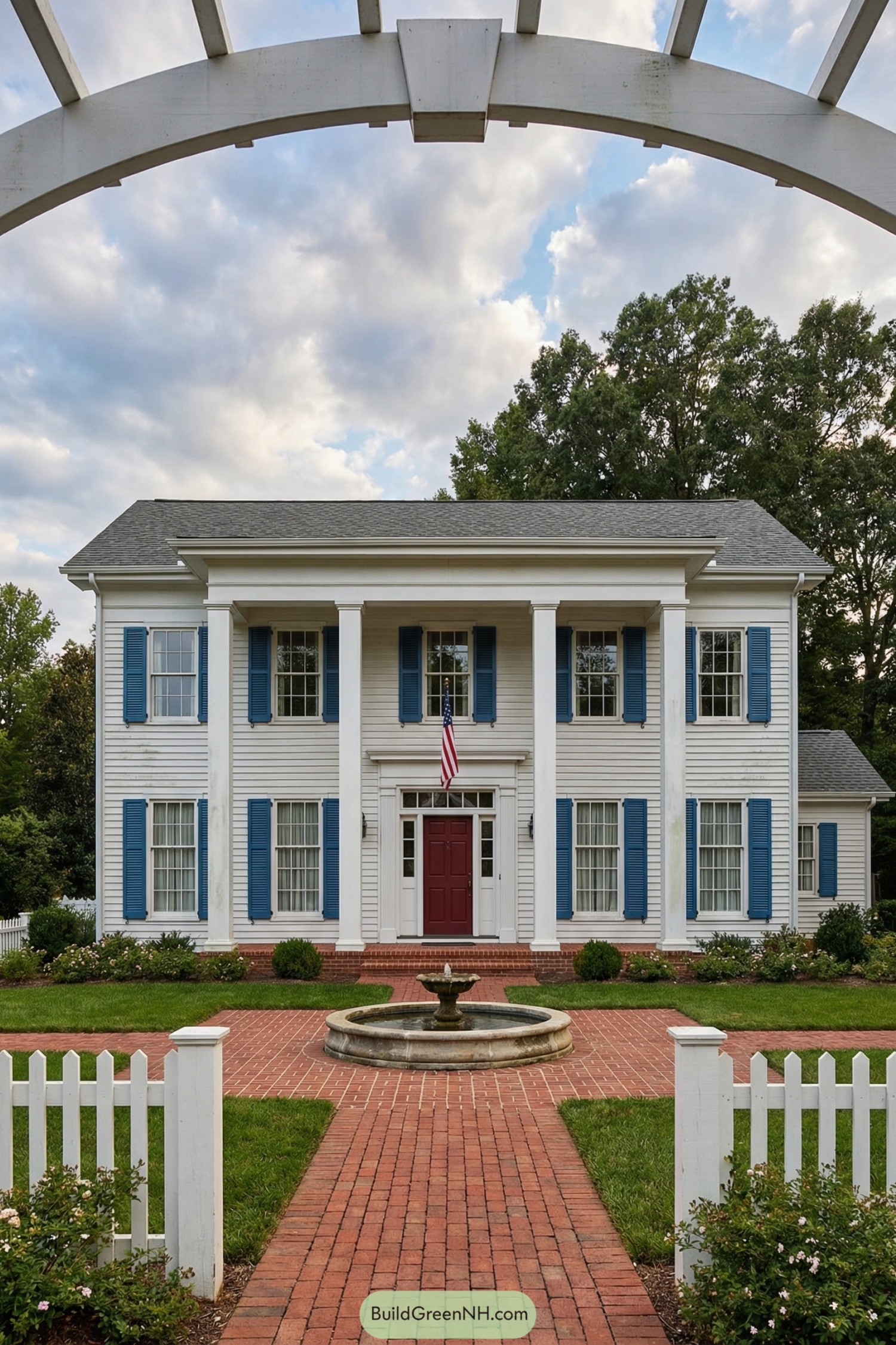 Classic white two story house with blue shutters red door brick path and central fountain