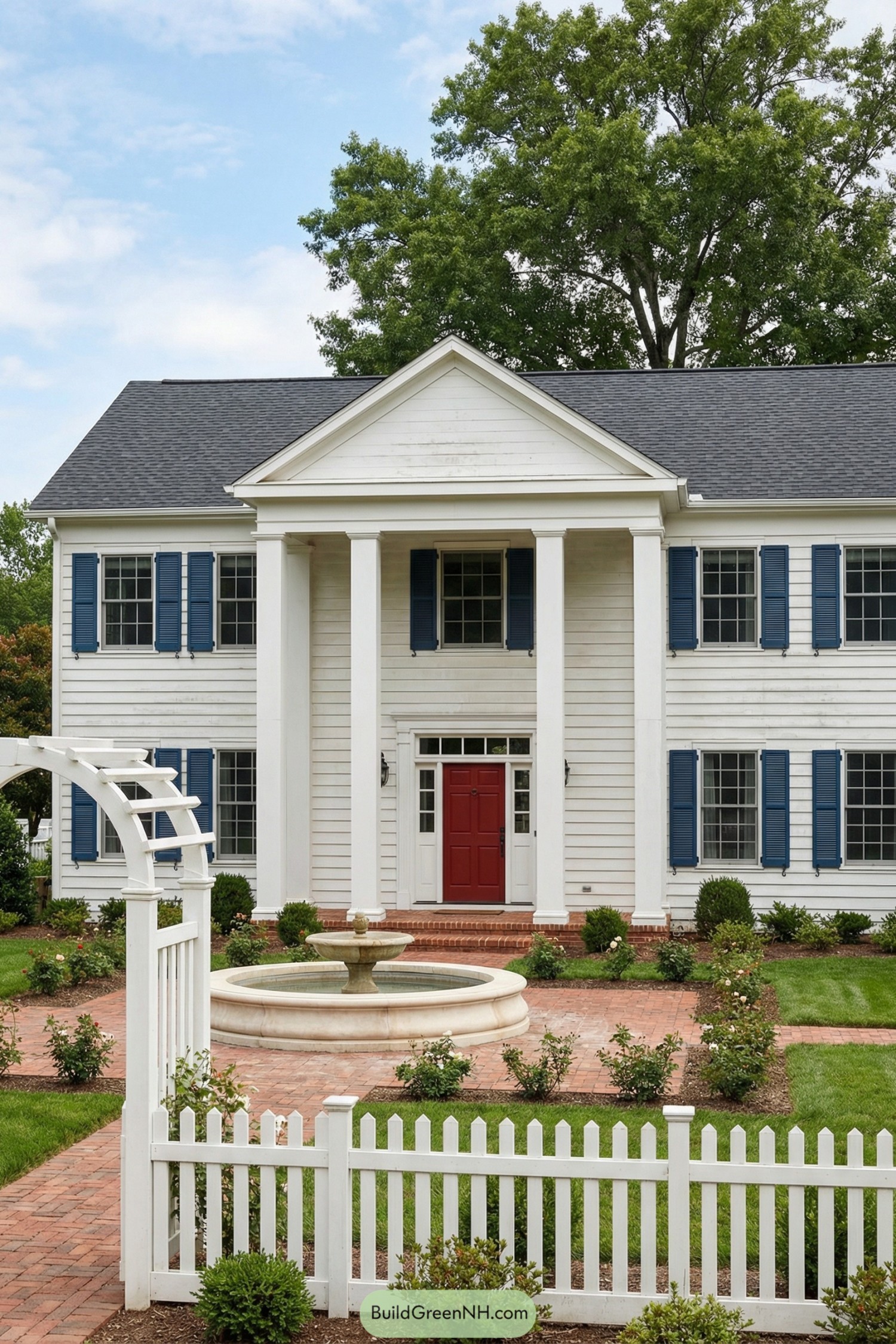 White two story house with tall columns blue shutters red front door and front yard fountain