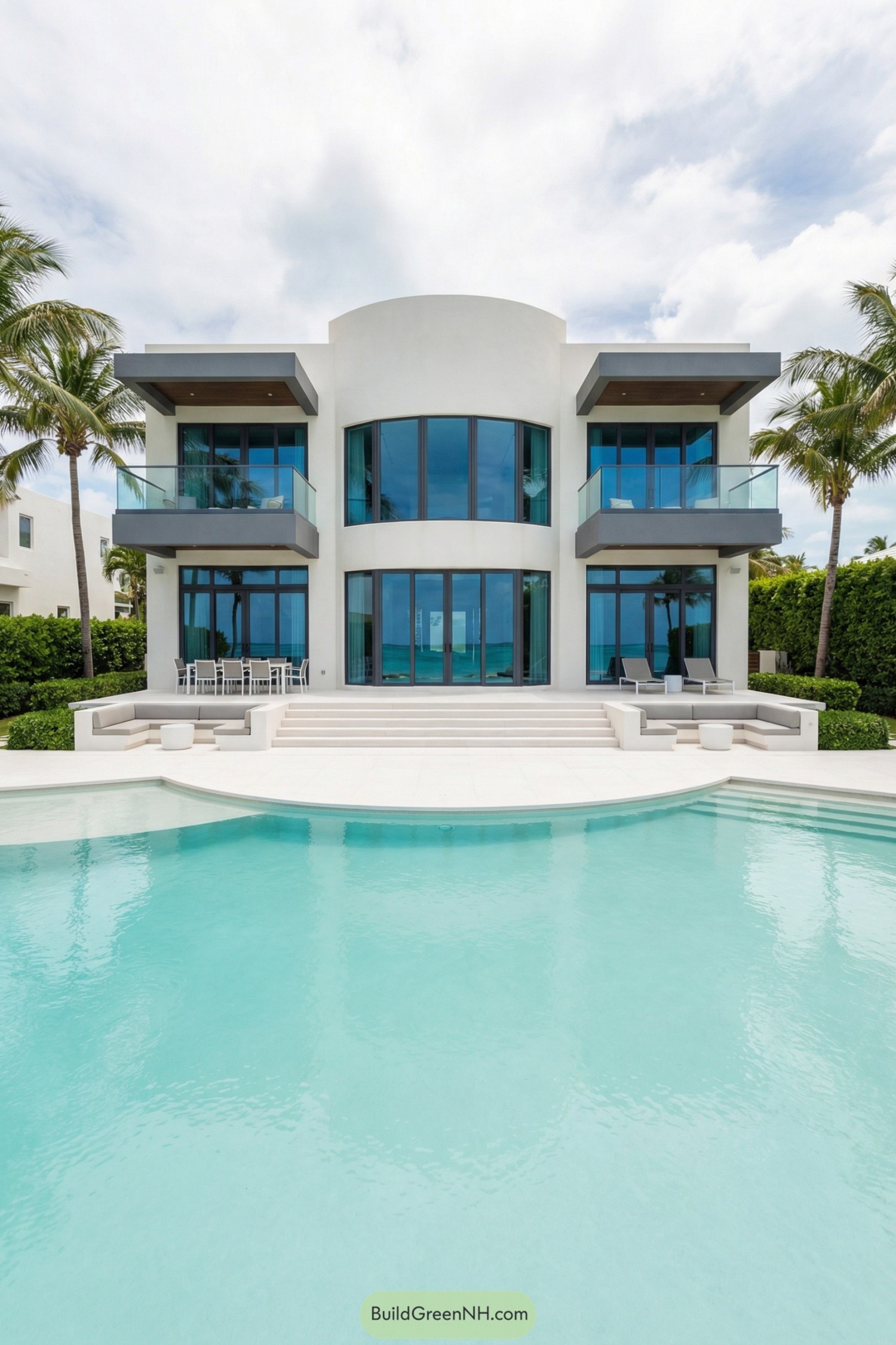 White beachfront modern house with curved facade, large blue-tinted windows, and pool in the foreground