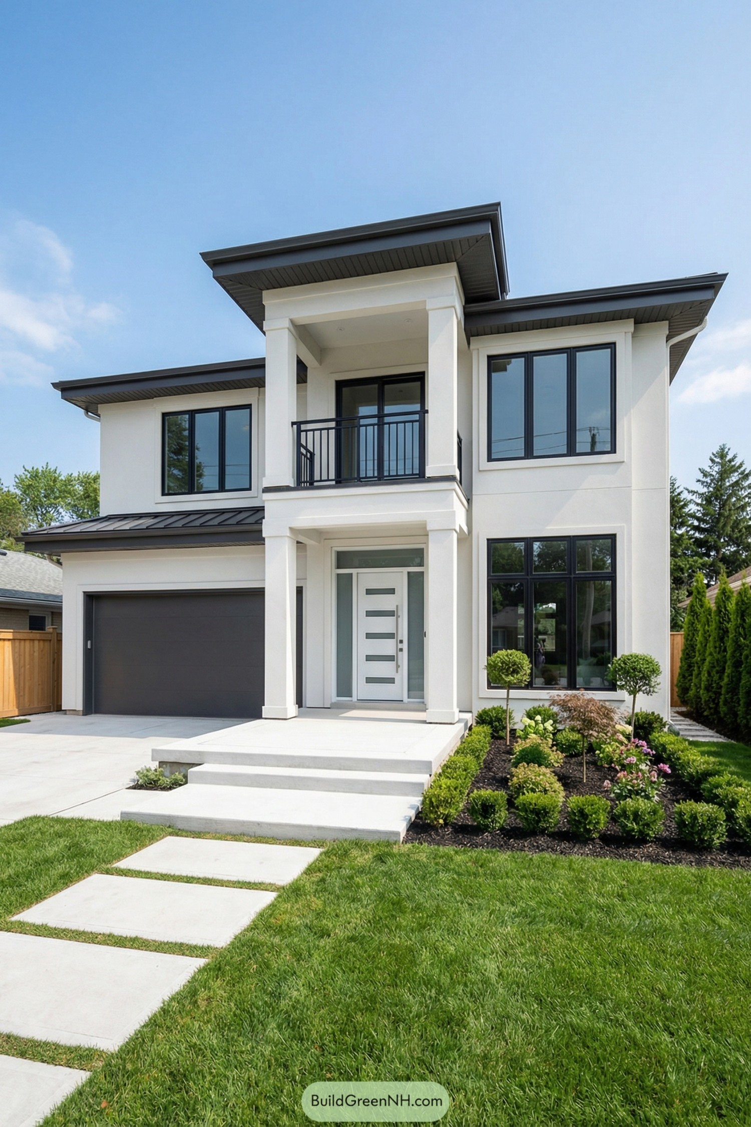 Modern white two story house with black trim large windows and front balcony surrounded by neat landscaping