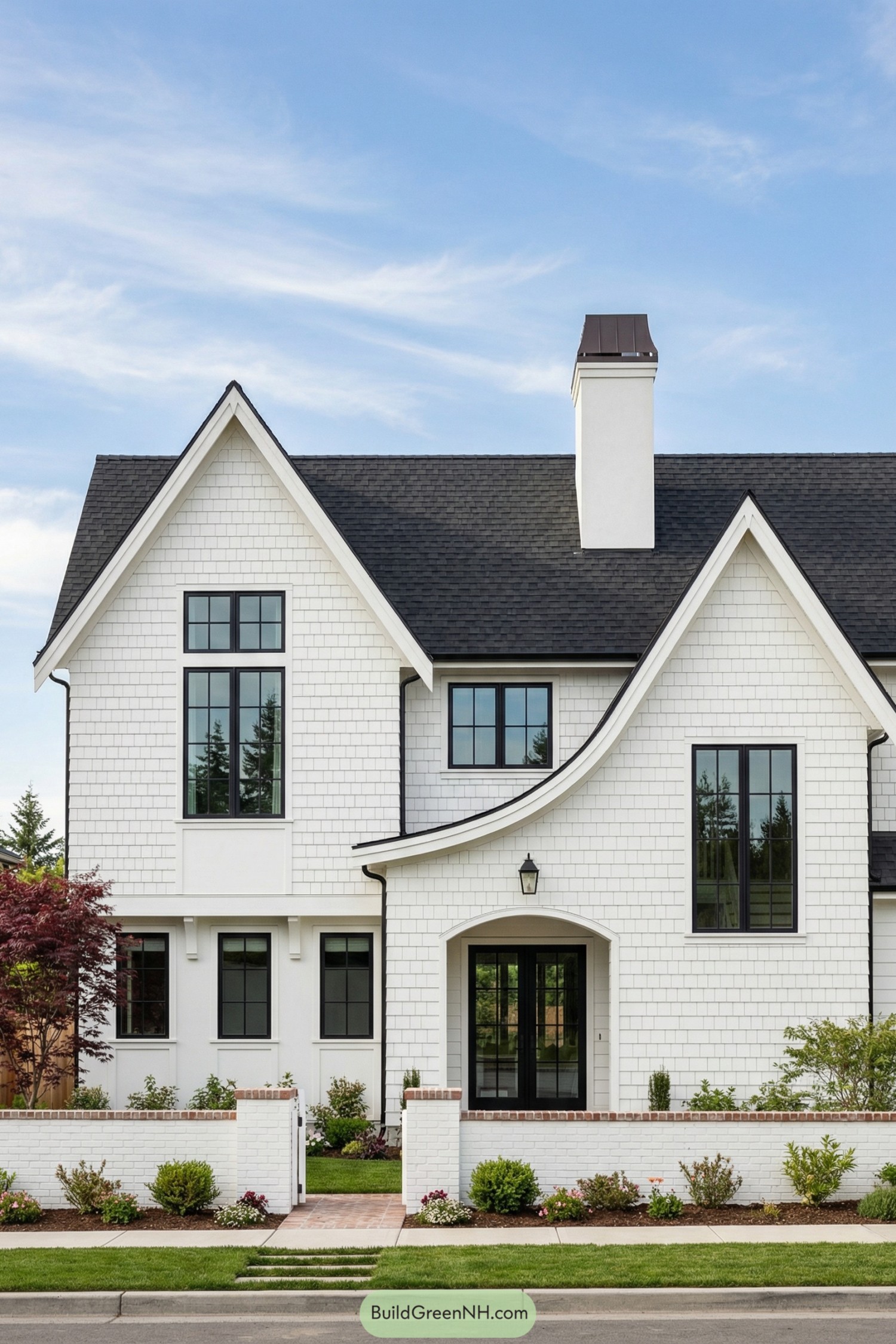 White shingle two story house with curved gable roofline black framed windows and low brick edged garden wall