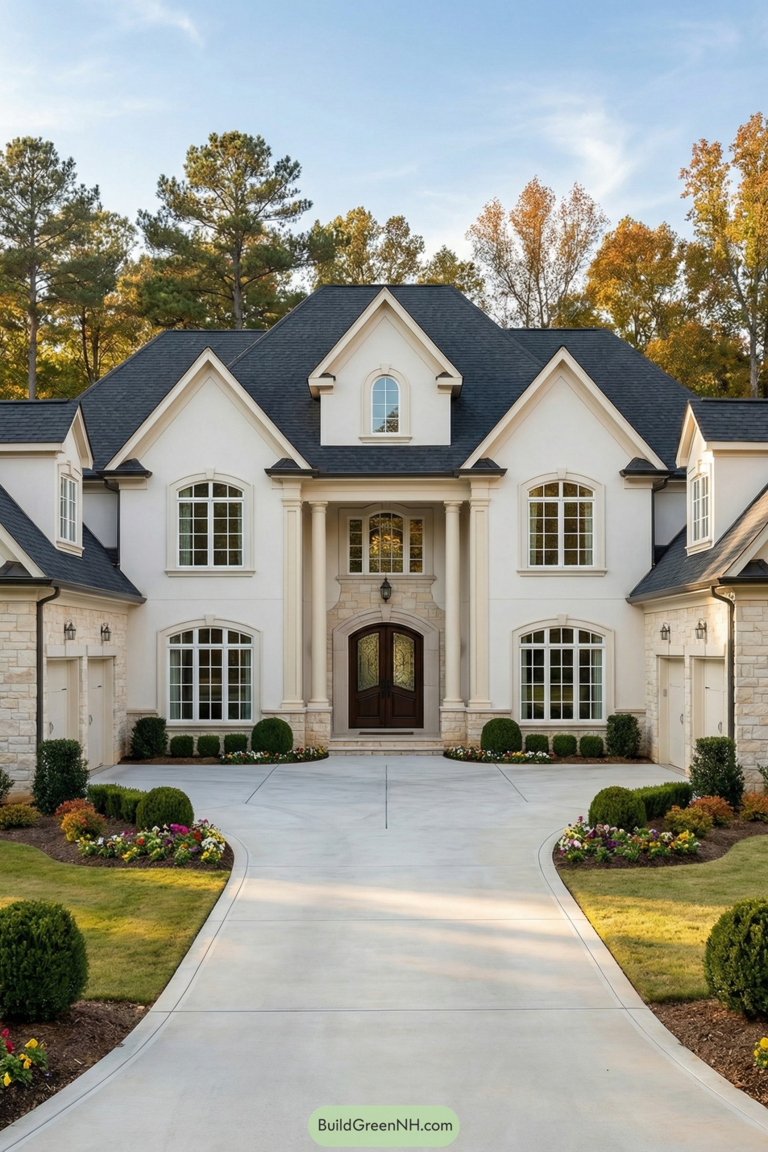 Large white two story house with grand entry columns and landscaped driveway